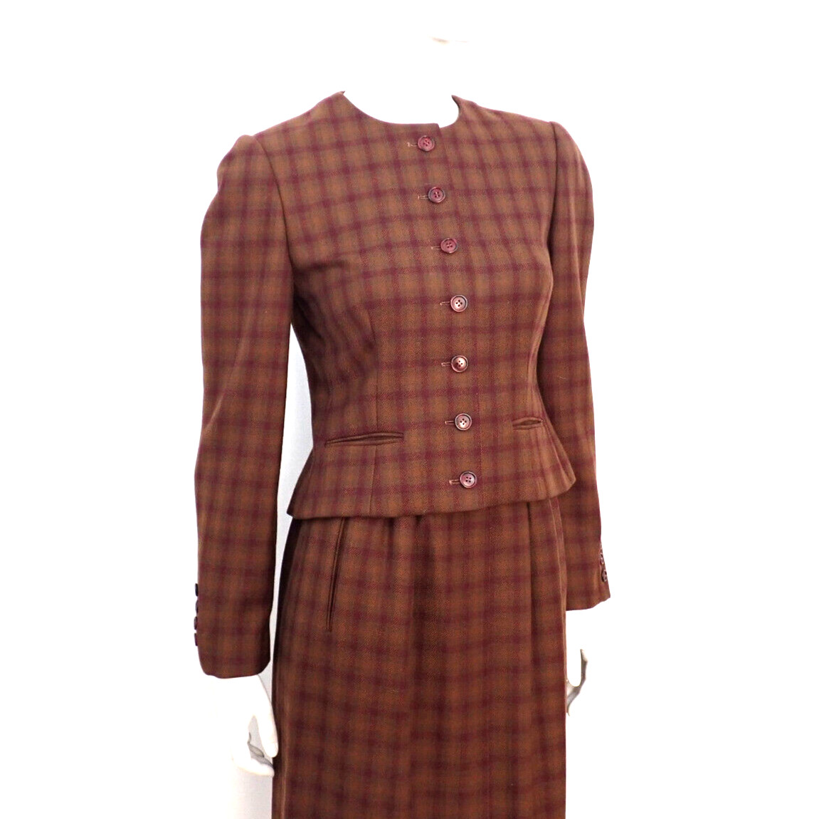 1980s Adele Simpson Brown Plaid Wool Suit Nan Duskin Boutique sz 6 Union Label