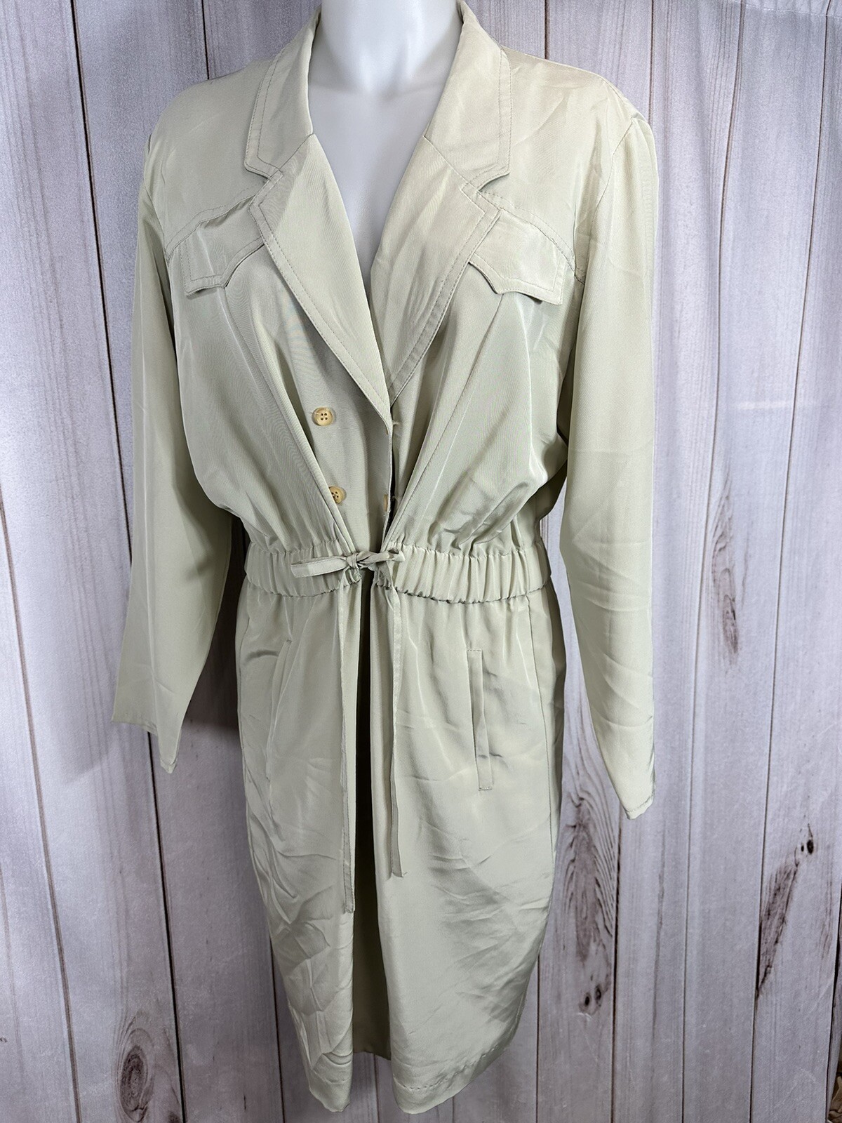 Vintage Wallis Beige Shirt Dress Khaki Safari Trenchcoat Look 80s Retro UK 12 L