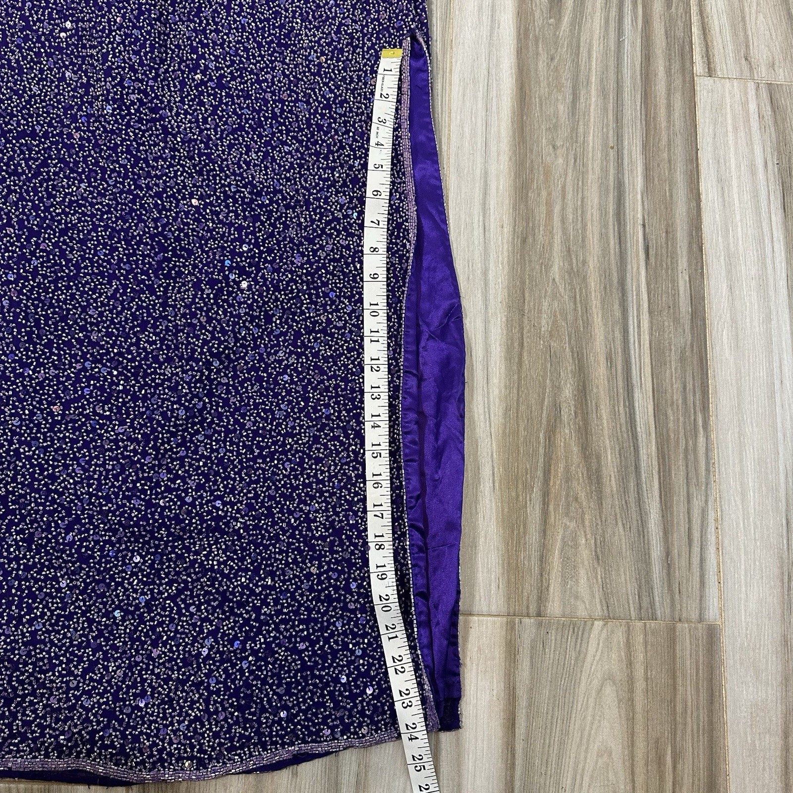 VTG Scala Maxi Dress 100% Silk Beaded Formal Cut Out Slit SZ Medium* Prom Purple