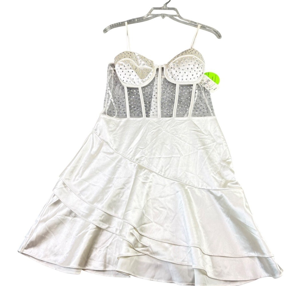 Windsor L White Rhinestone Mesh Corset Satin Tiered Ruffle Mini Dress Party NWT