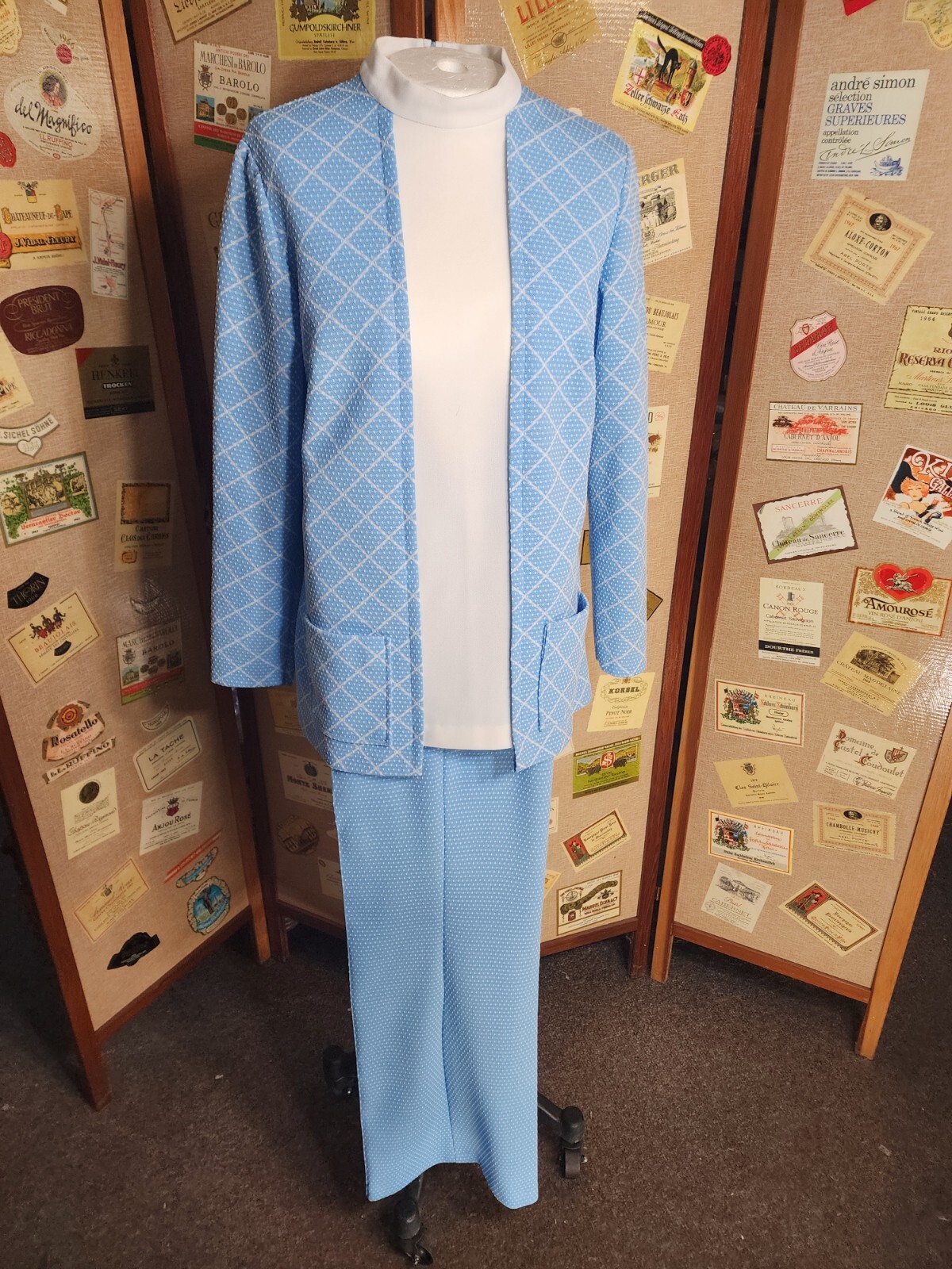Blue and White Swiss Polka Dot Leisure Suit Womens Polyester Pants & Top VTG