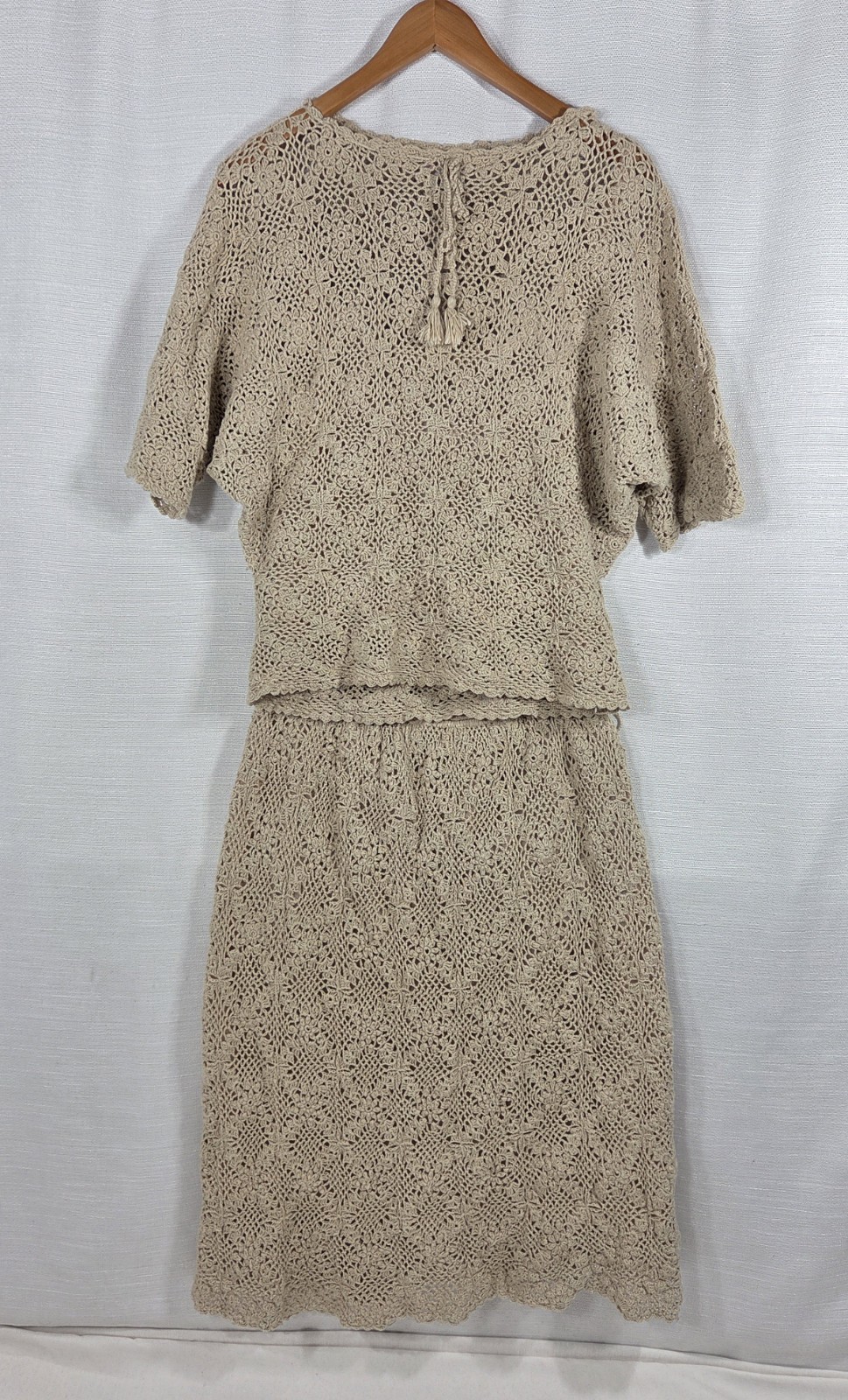 Vtg Amy Adams Cotton Crochet Top Skirt Set Tassel Boho Cottagecore Large Beige