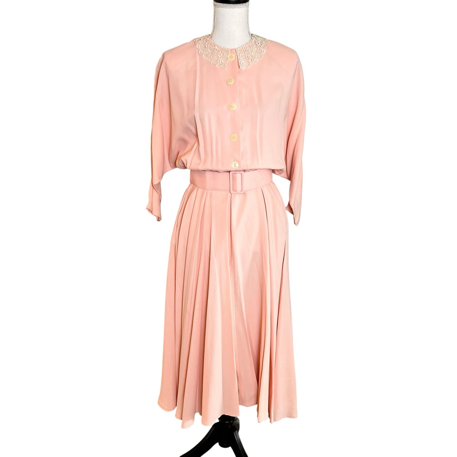 Vtg 80s All That Jazz Pink Blouson Midi Dress Lace Collar Pleated Belted Medium