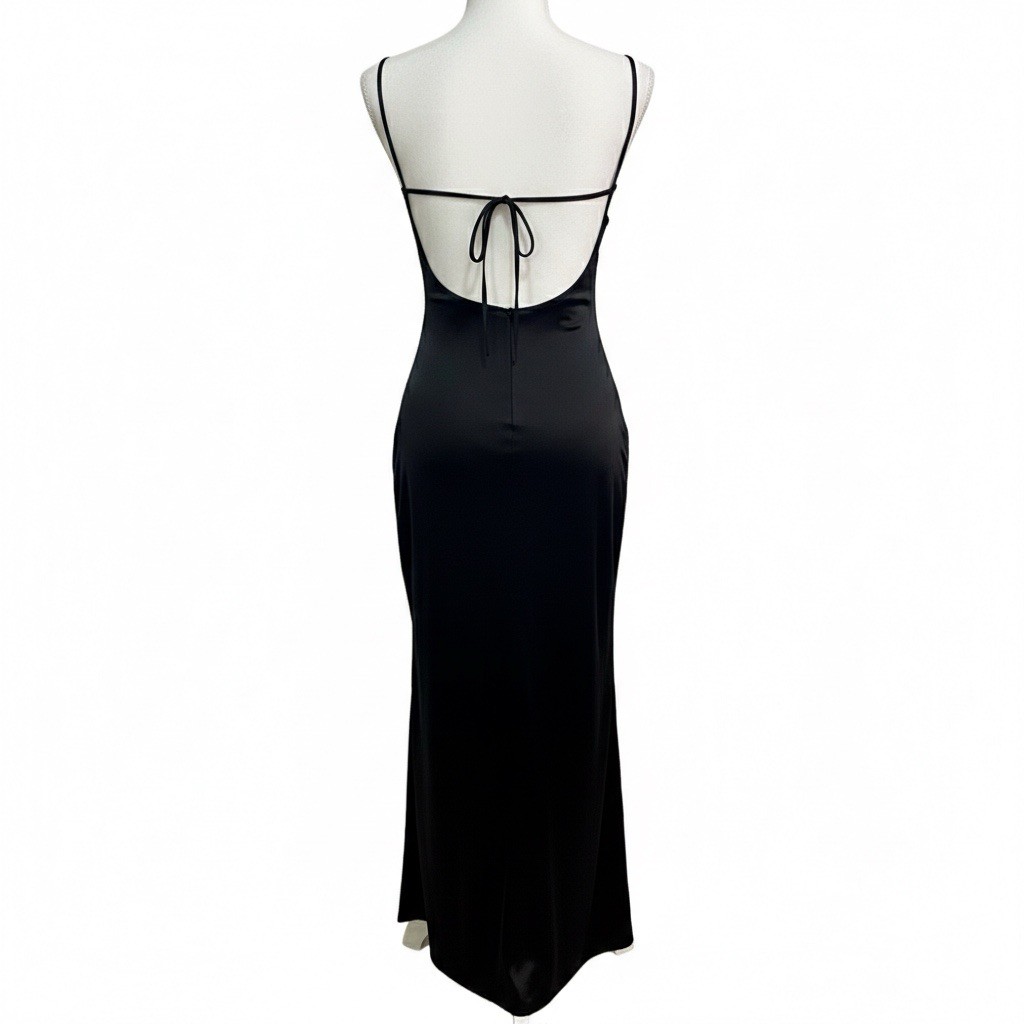 Vintage 90s Charlotte Russe Black Maxi Dress Low Back Strappy Minimalist M Y2K