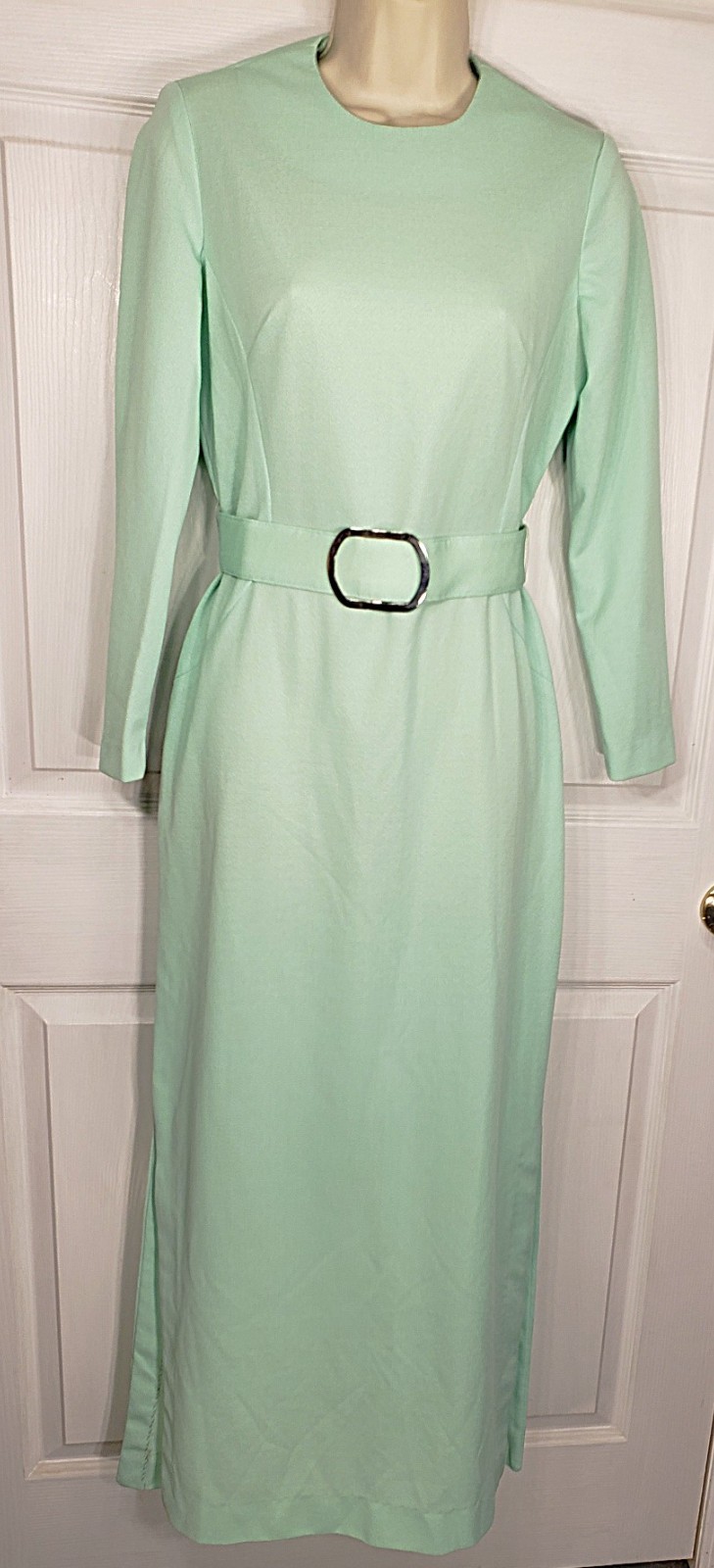 Vintage 1970s Alfred Werber Maxi Dress Belted Aqua Green Ankle Length Womens M