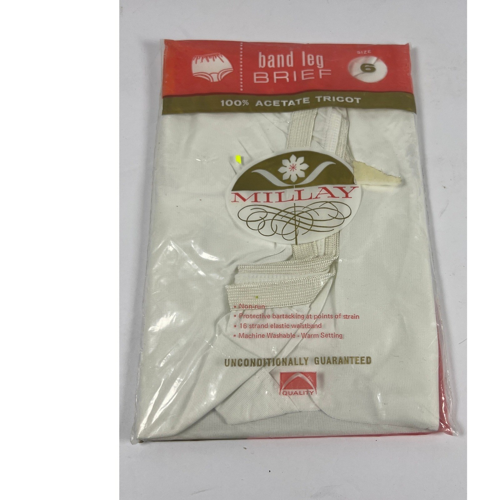 Vintage Millay White Band Leg Brief 100% Acetate Tricot Size 6 New in Package