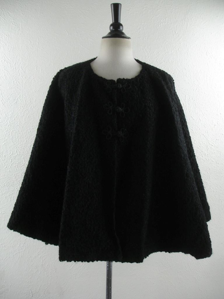 Women’s PLUS 2X 3X Vtg 1920’s Art Deco Black Faux Curly Lamb Fur Cape Oversized