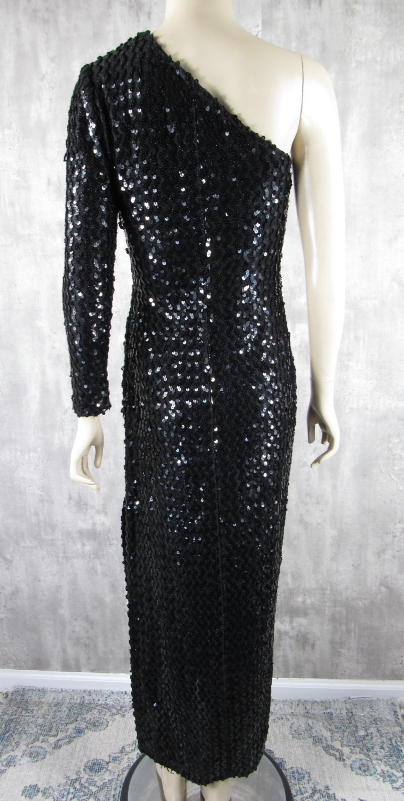 Vintage 80s David Howard Karen Okada One Shoulder Black Sequin Disco Dress S/M
