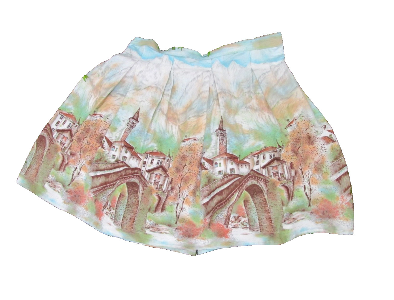 SALE vintage 1950s novelty scenic border print skirt volup, 44″ waist, Alpine