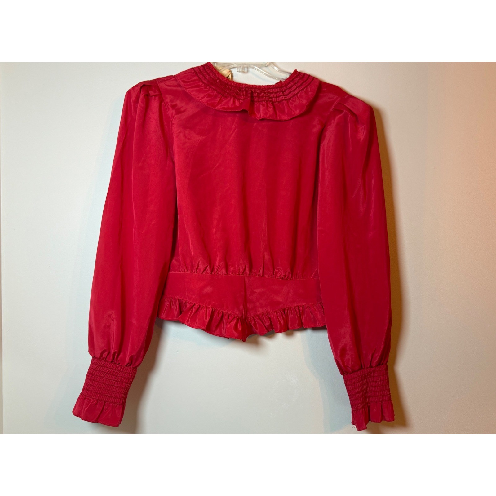 Vintage Byer California Red Satin Ruffle Blouse Smocked Cuffs Victorian Top Med