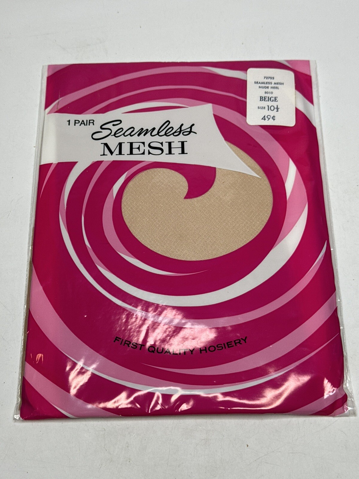 Vtg Seamless Mesh stockings 1 Pair Thigh High Stretch Nylon Size 10 1/2 Nude