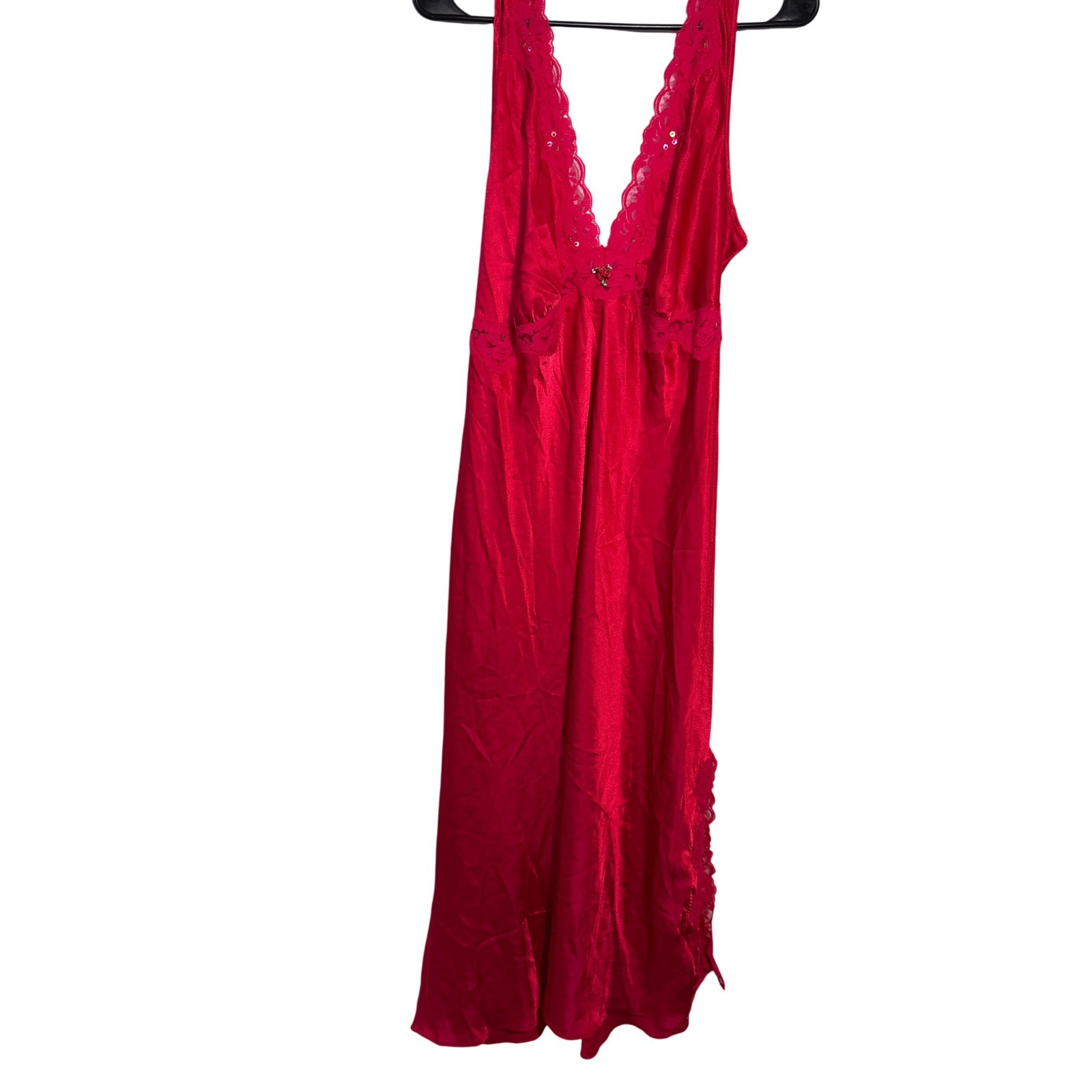 VTG California Dynasty Nightgown Size LRed Satin Lace Trim Sequin Rosette Glam