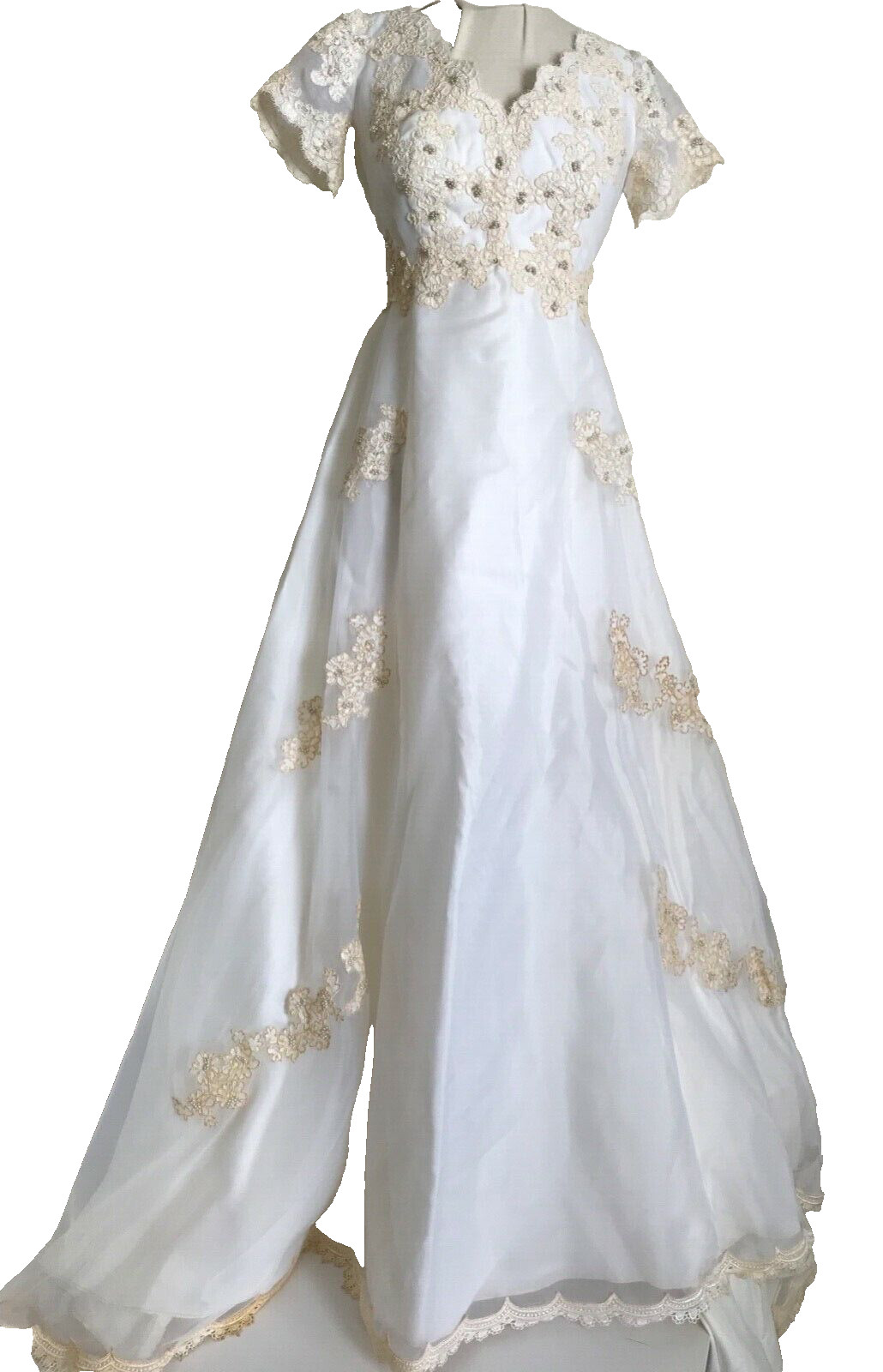 Vintage 50’s Wedding Gown off white Lace Applique Real Grey Pearls, Couture