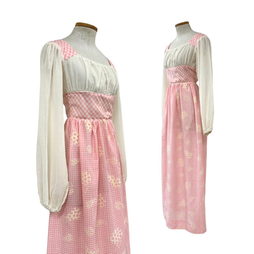 Vtg 70s 1970s Designer Candi Jones Novelty Fruit Pink Gingham Cottage Maxi Dress