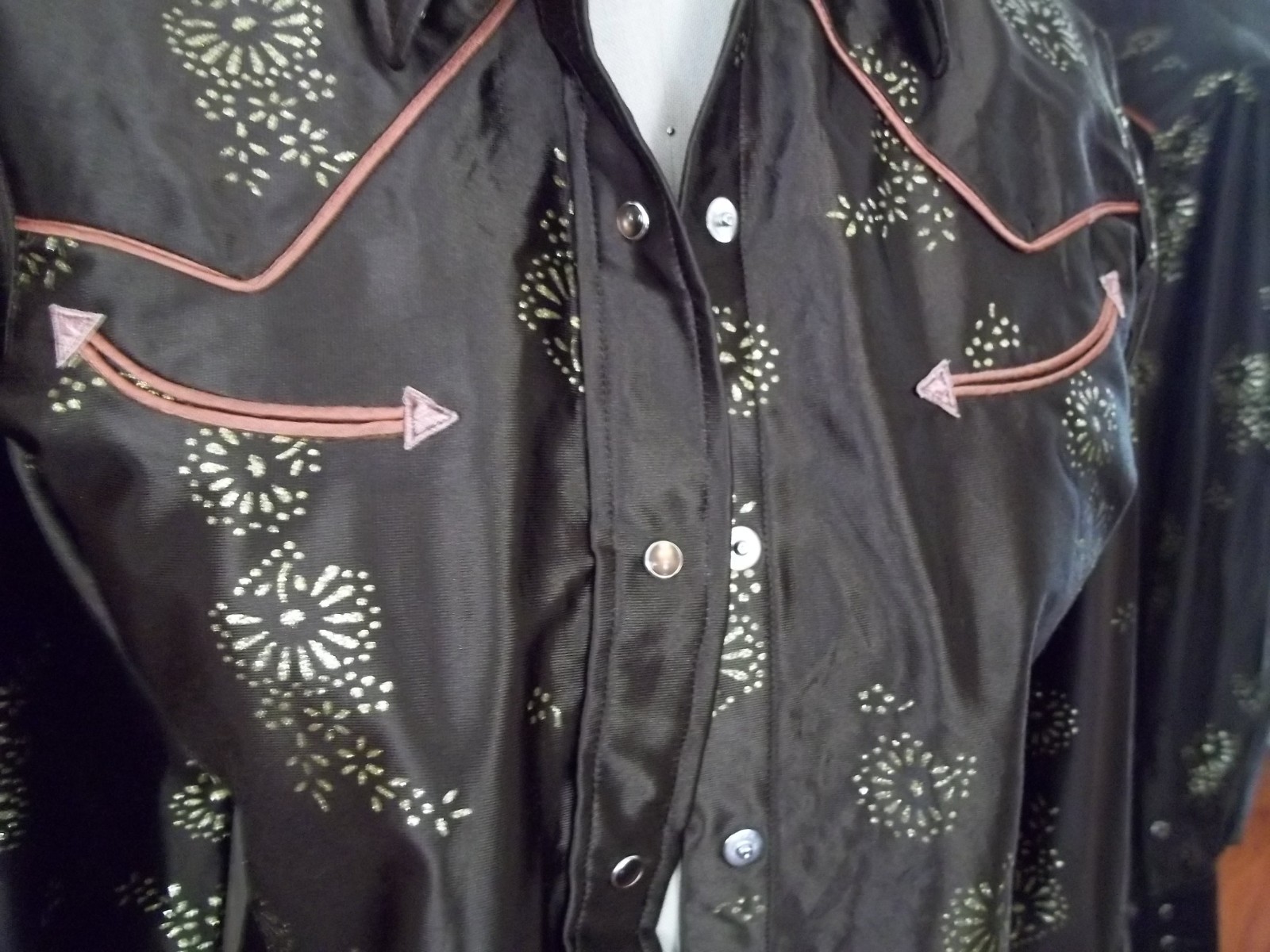 Vintage Panhandle Slim Western Shirt S-M Arnel Brown Gold Metallic Snaps 70s 80