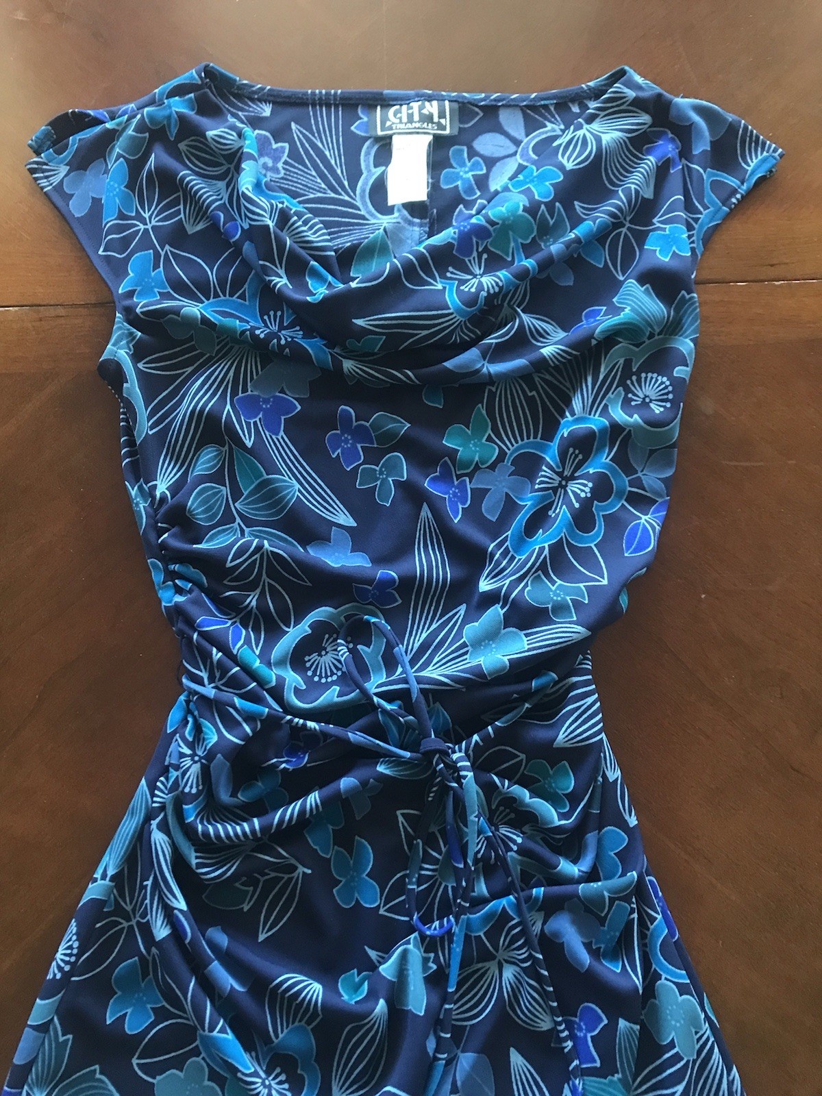 VTG 90s City Triangles dress shades of blue floral tropical draped neckline