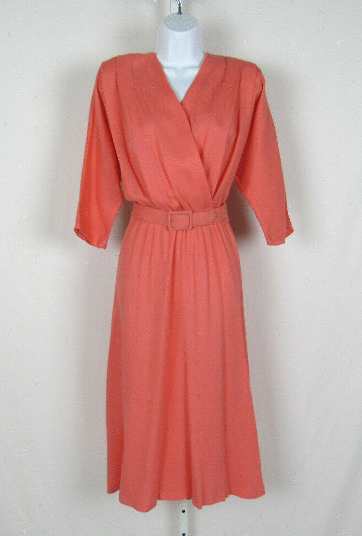 VTG 1970s 80s ITEMS CALIFORNIA DRESS & BELT CORAL COLOR RAYON FLAX FABRIC BELT