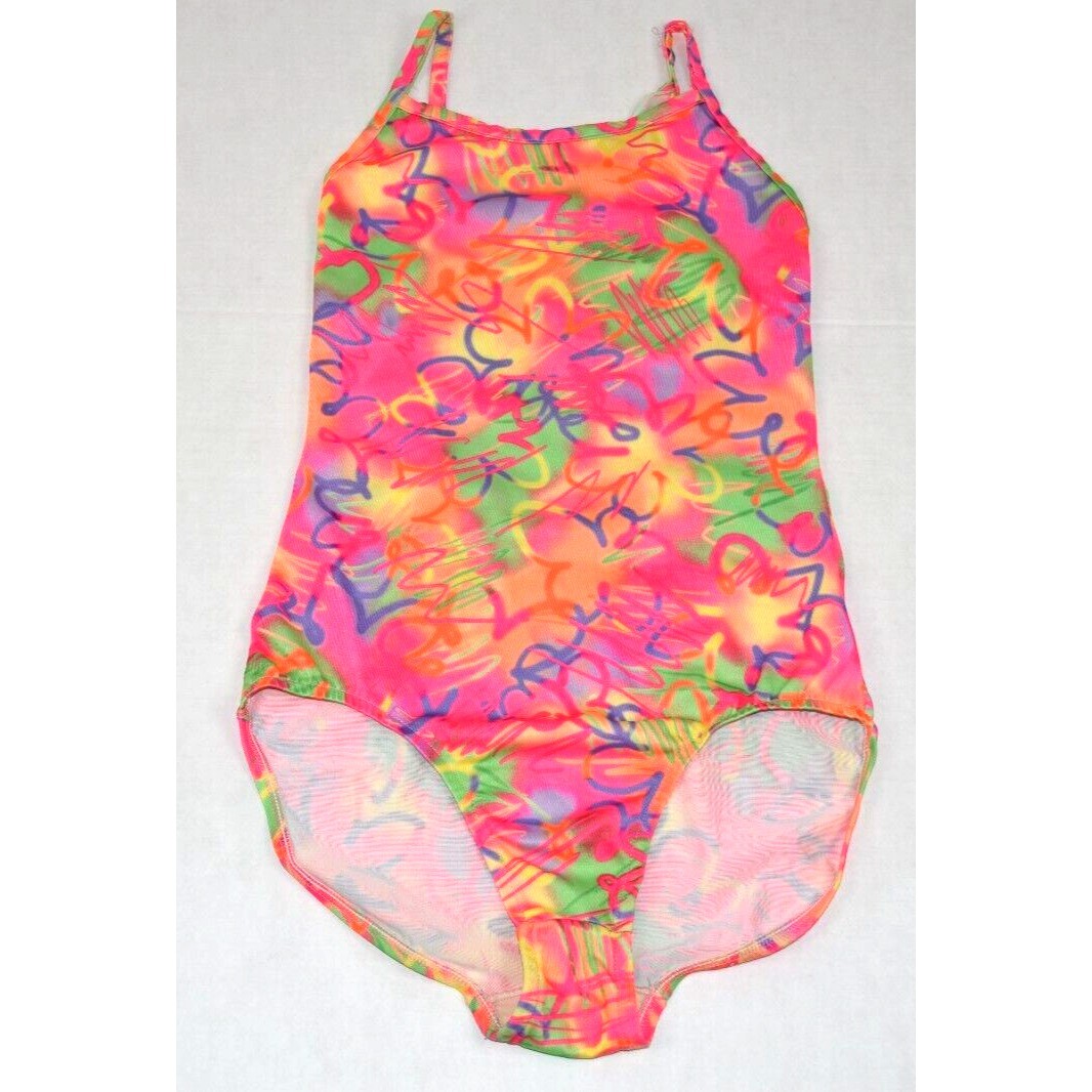 Vintage Swimsuit Sand N Sun Size S/M 80s Hot Pink Green Yellow Graffiti Flowers