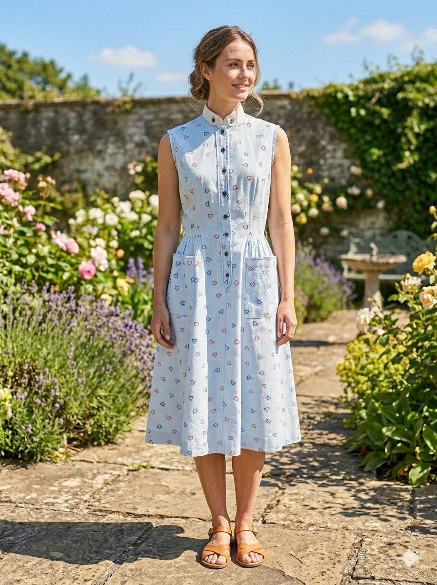 Vintage 50s Novelty Print Cotton Sleeveless Sun Dress Rockabilly Big Pockets 30w