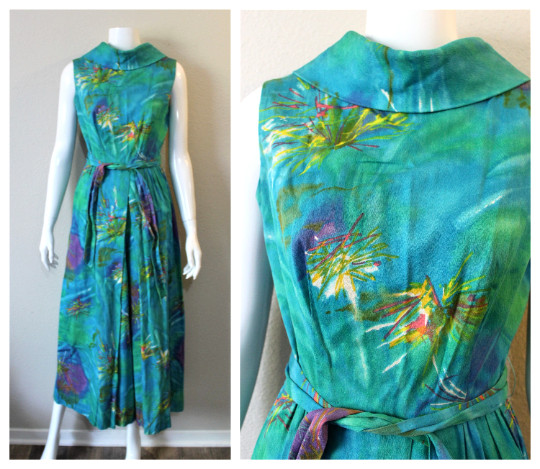 Vtg 60s Alice of California Aqua Jumpsuit Wide Leg Abstract Tiki Hawaiian