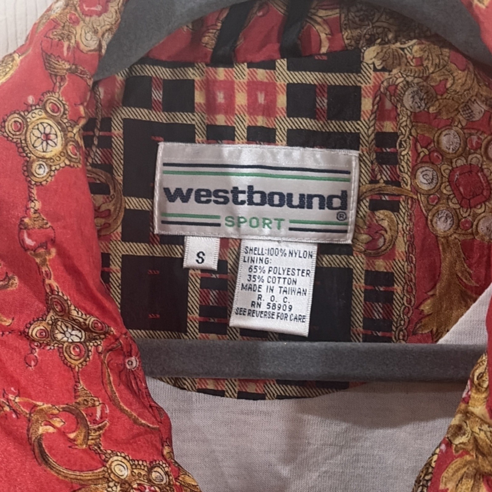 Westbound Vintage Sport Jacket Red Black Gold Pattern Zip Front Nylon Size S
