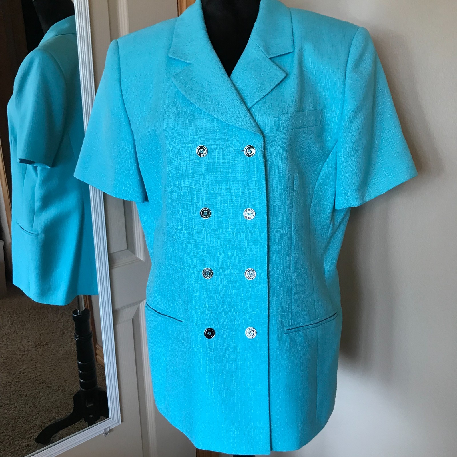 VTG 80s Amanda Smith Suit Jacket, Lined Turquoise Teal Blazer Navy Buttons Sz 16