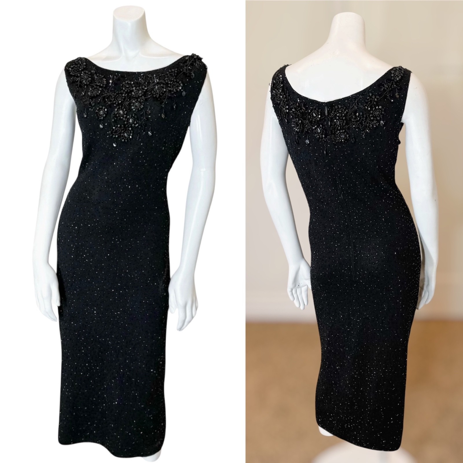 Vintage 60’s HAND BEADED KNIT COCKTAIL DRESS M Evening Glam MCM Wiggle Party