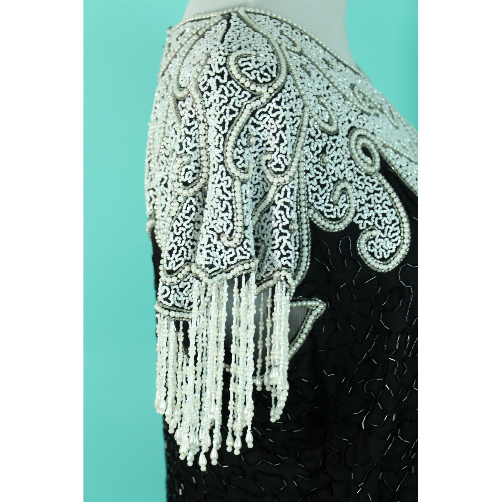 Vintage Scala Black Beaded Silk Dress White Pearl Bib Fringe Cocktail Sheath L