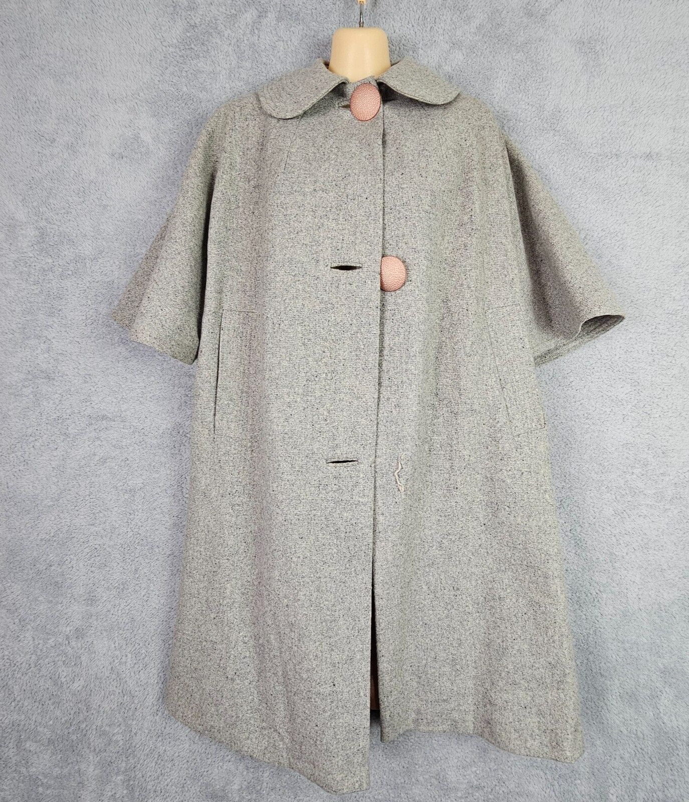 Vintage 50s Swing Coat Large Gray Wool Tweed Peter Pan Collar Button Up Pockets