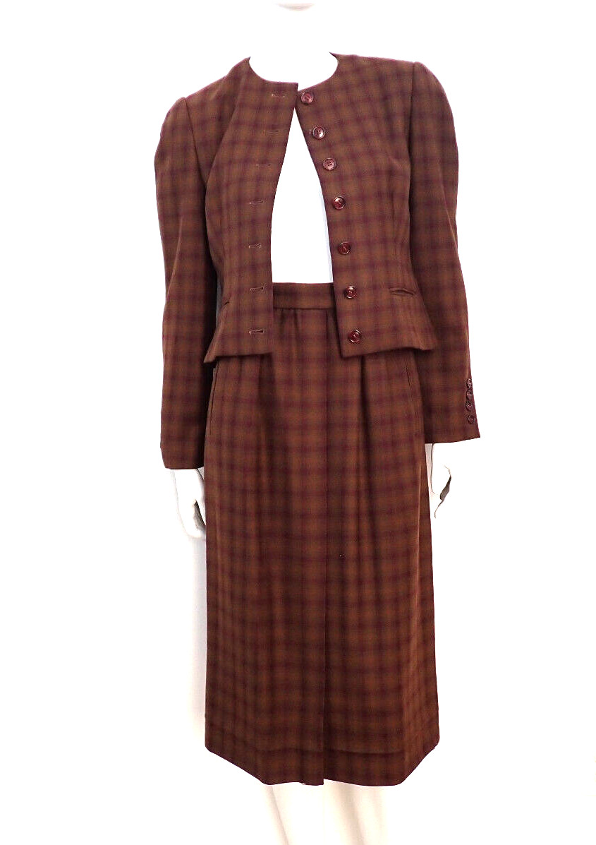 1980s Adele Simpson Brown Plaid Wool Suit Nan Duskin Boutique sz 6 Union Label
