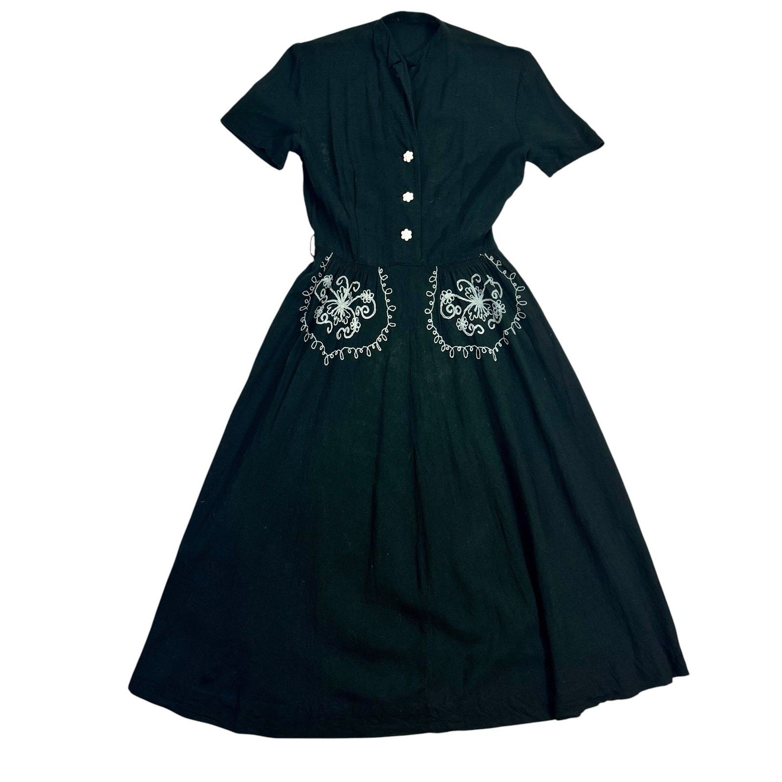 Vintage 1940s Black Cotton Shirtwaist Dress Lucite Flower Buttons Soutache