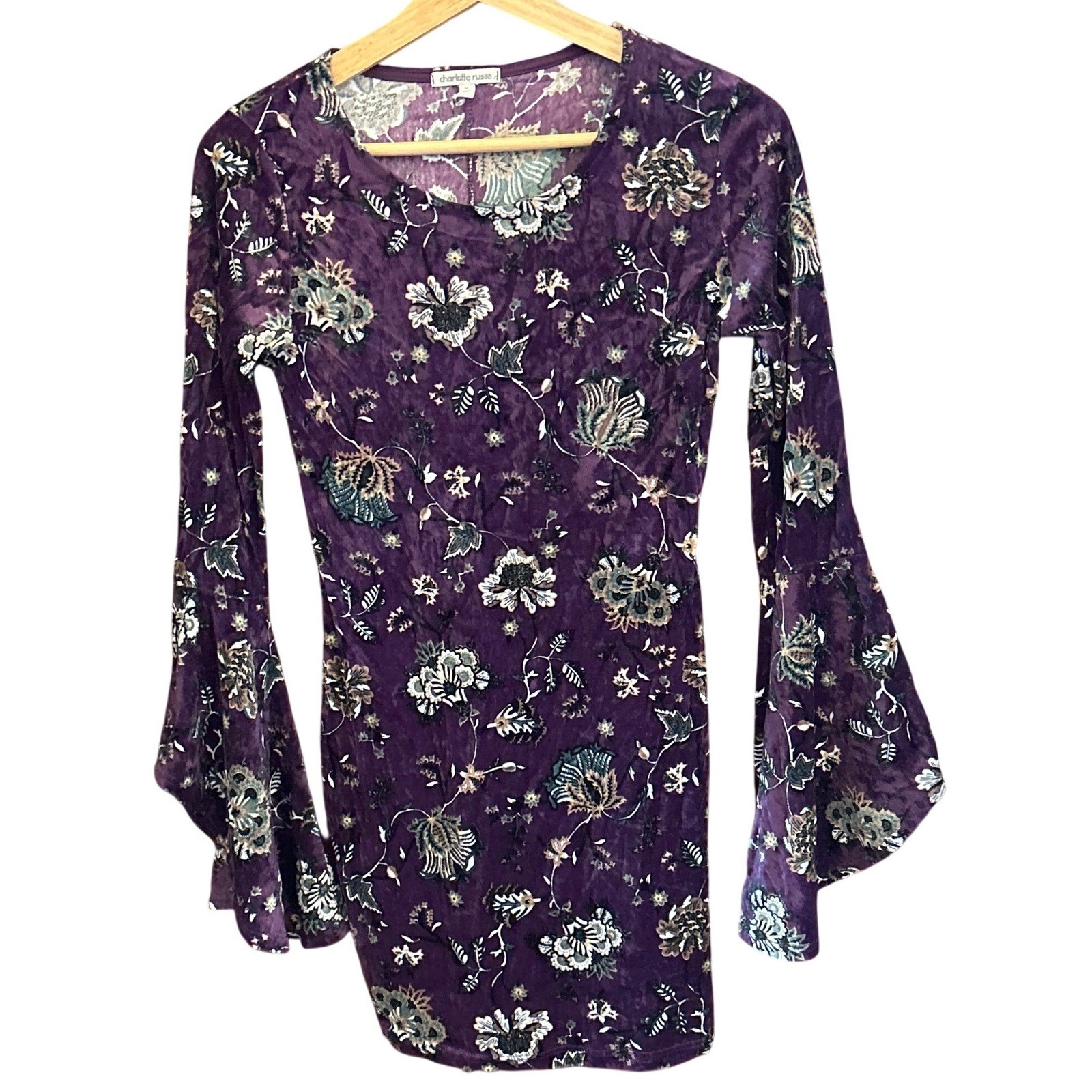 90s Charlotte Russe Velvet Mini Dress Whimsigoth Boho 11706 Purple Floral M