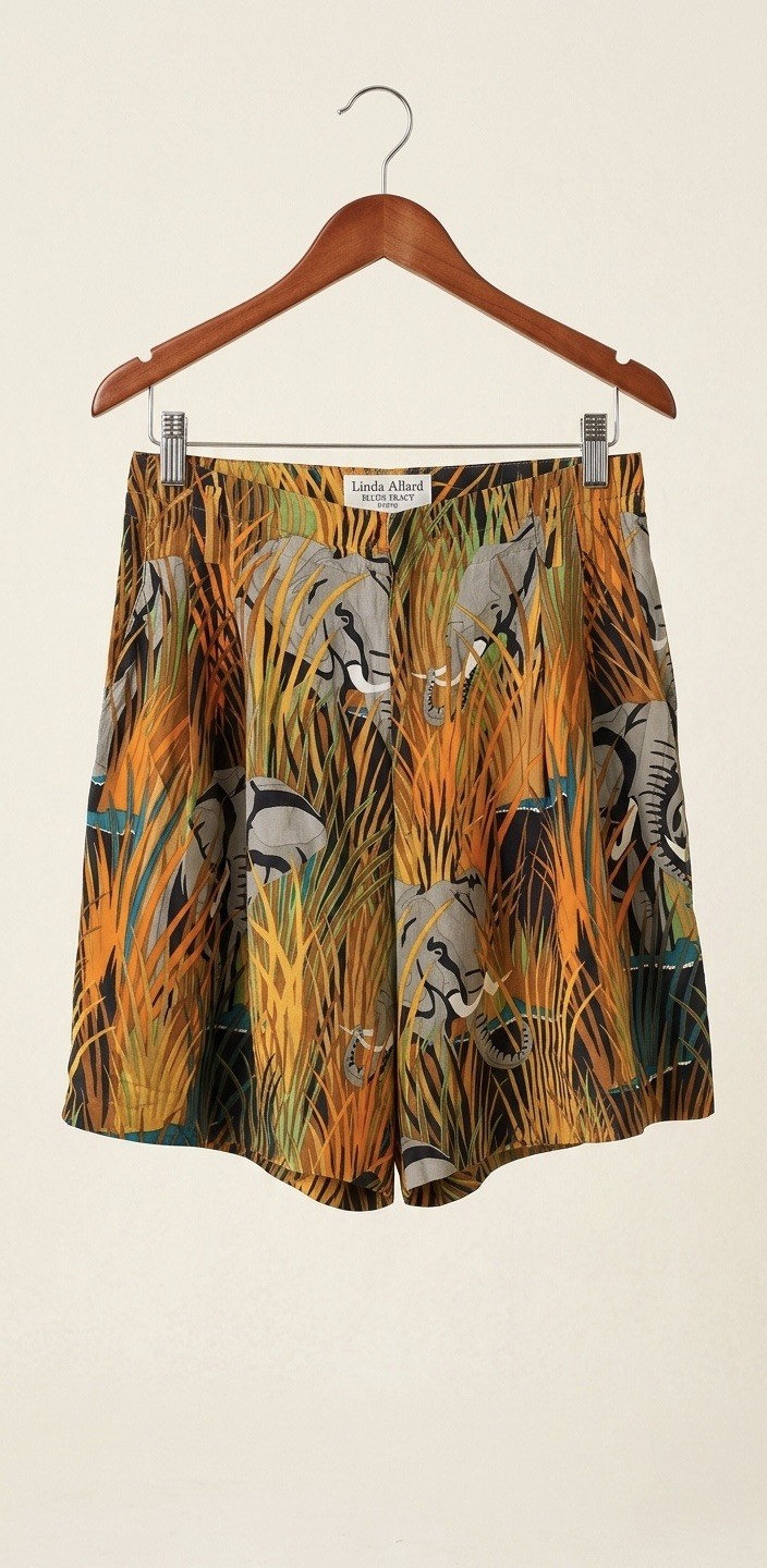 Vintage Ellen Tracy Silk Shorts 12 Petite Elephant Safari Print High Rise
