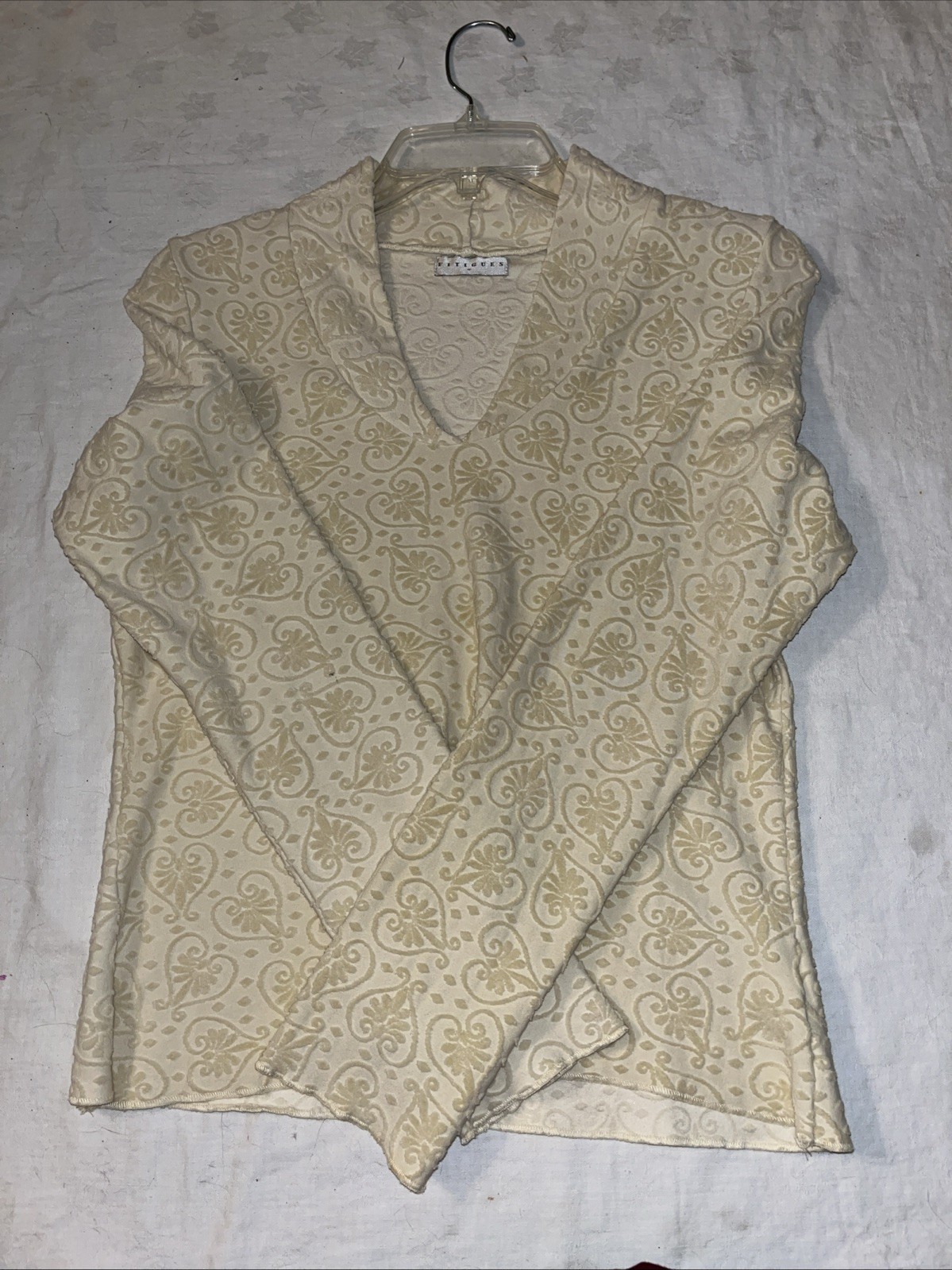 Vtg Fitigues Blouse Large Ecru Textured Hearts Cotton/polyamide Long Sleeve