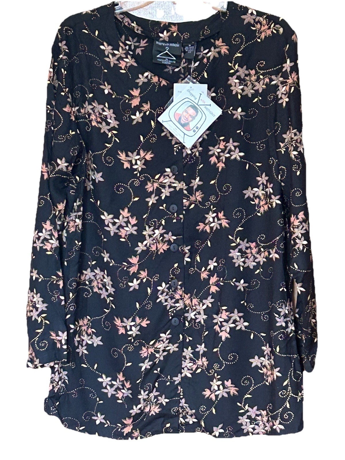 VTG 90’s Metallic Floral Print Rayon Blouse Med NOS Collarless Boho Modest