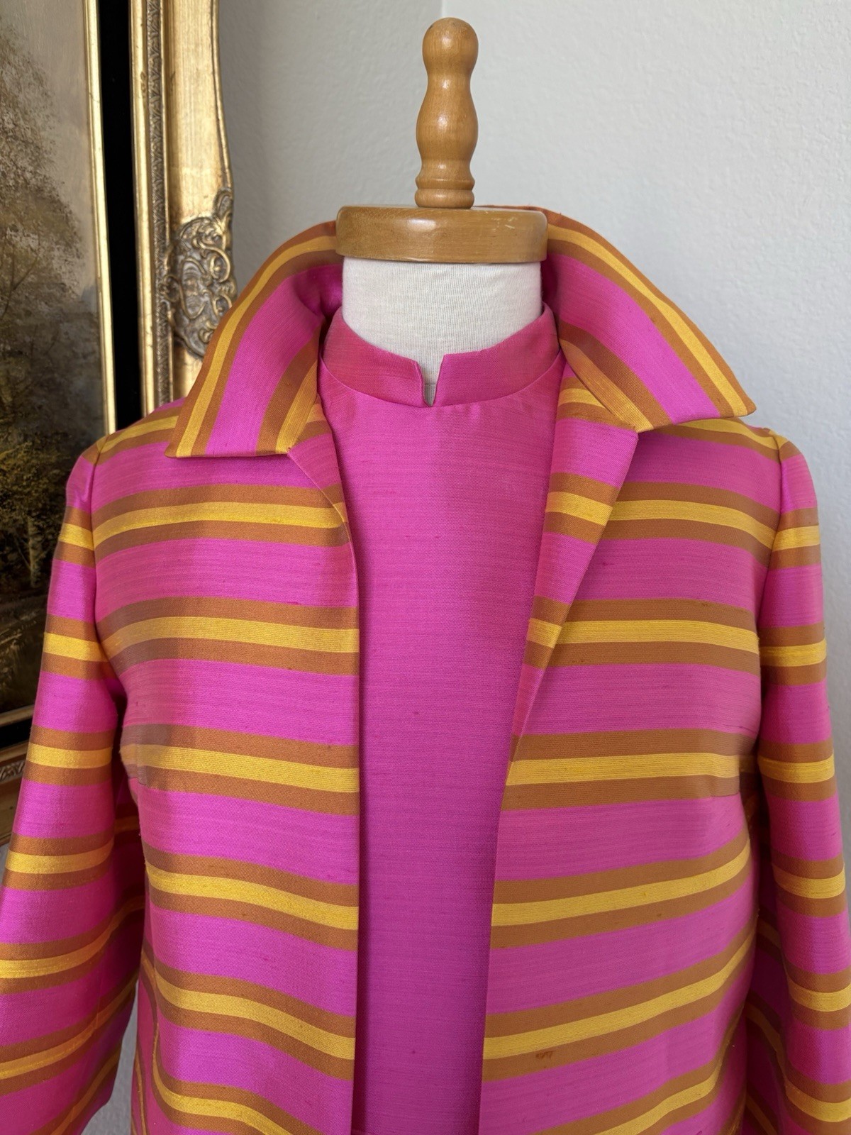 VTG 60s Pink Yellow Stripes Mod GoGo Sz S Party Coat & Dress Dupioni Silk EUC