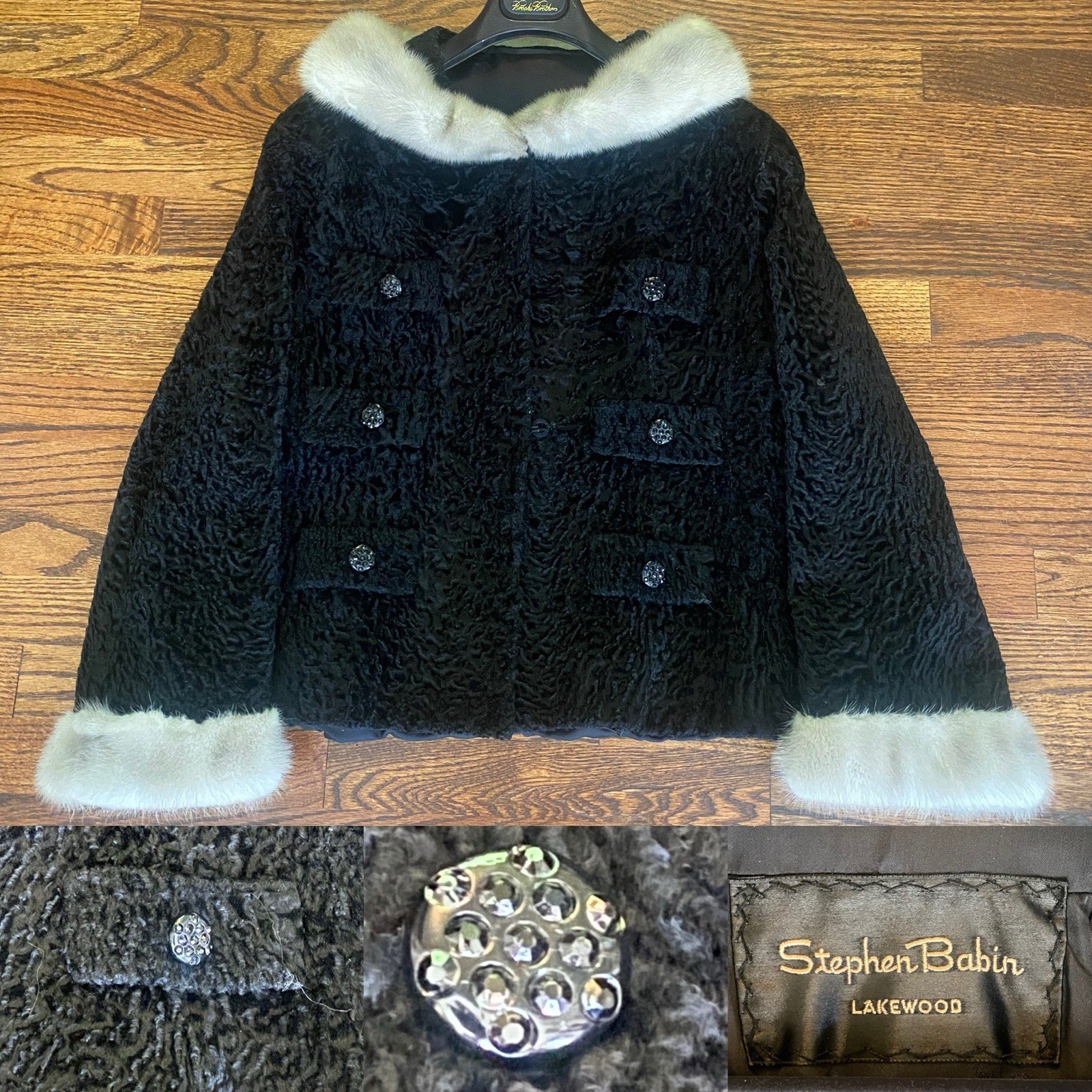 Black Curly Persian Lamb Wool Short Fur Coat Jacket w/Silver Mink Collar & Cuffs