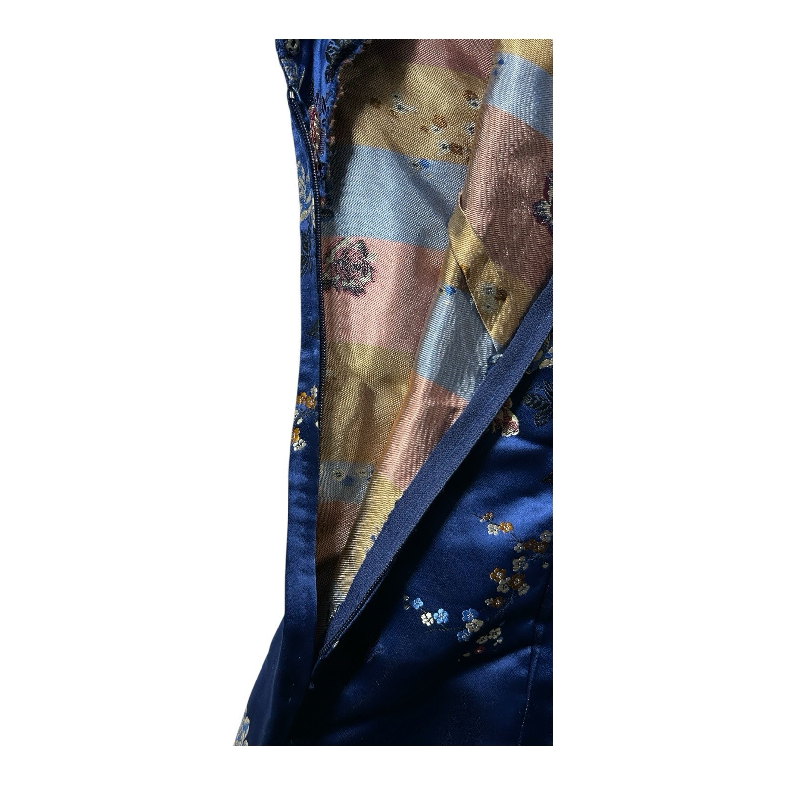 Vintage Solz Squirrel Blue Floral Satin Cheongsam Dress Women’s Size 38