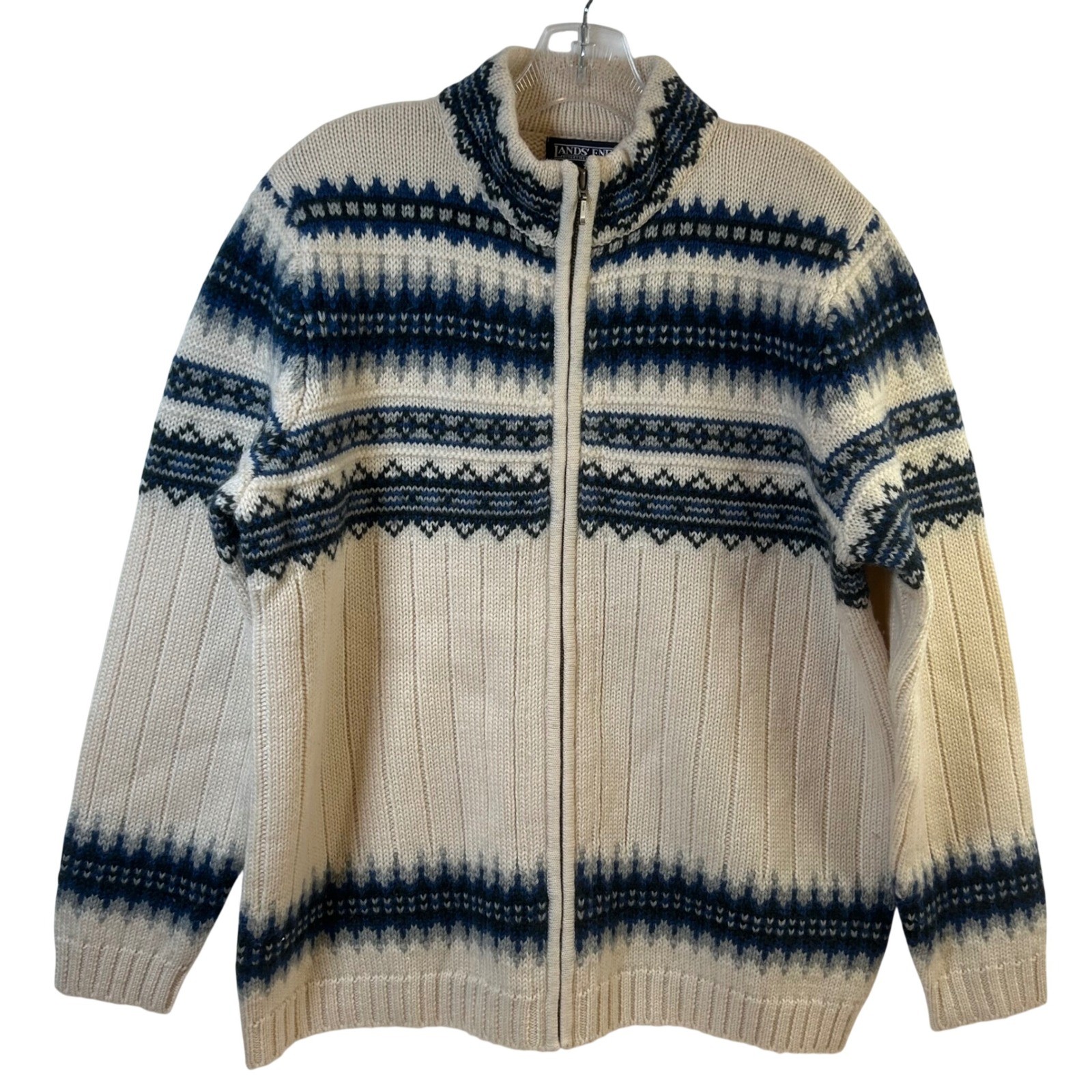 Lands End Vintage 100% Wool Fair Isle Full Zip Cardigan Sweater Cream Blue Large