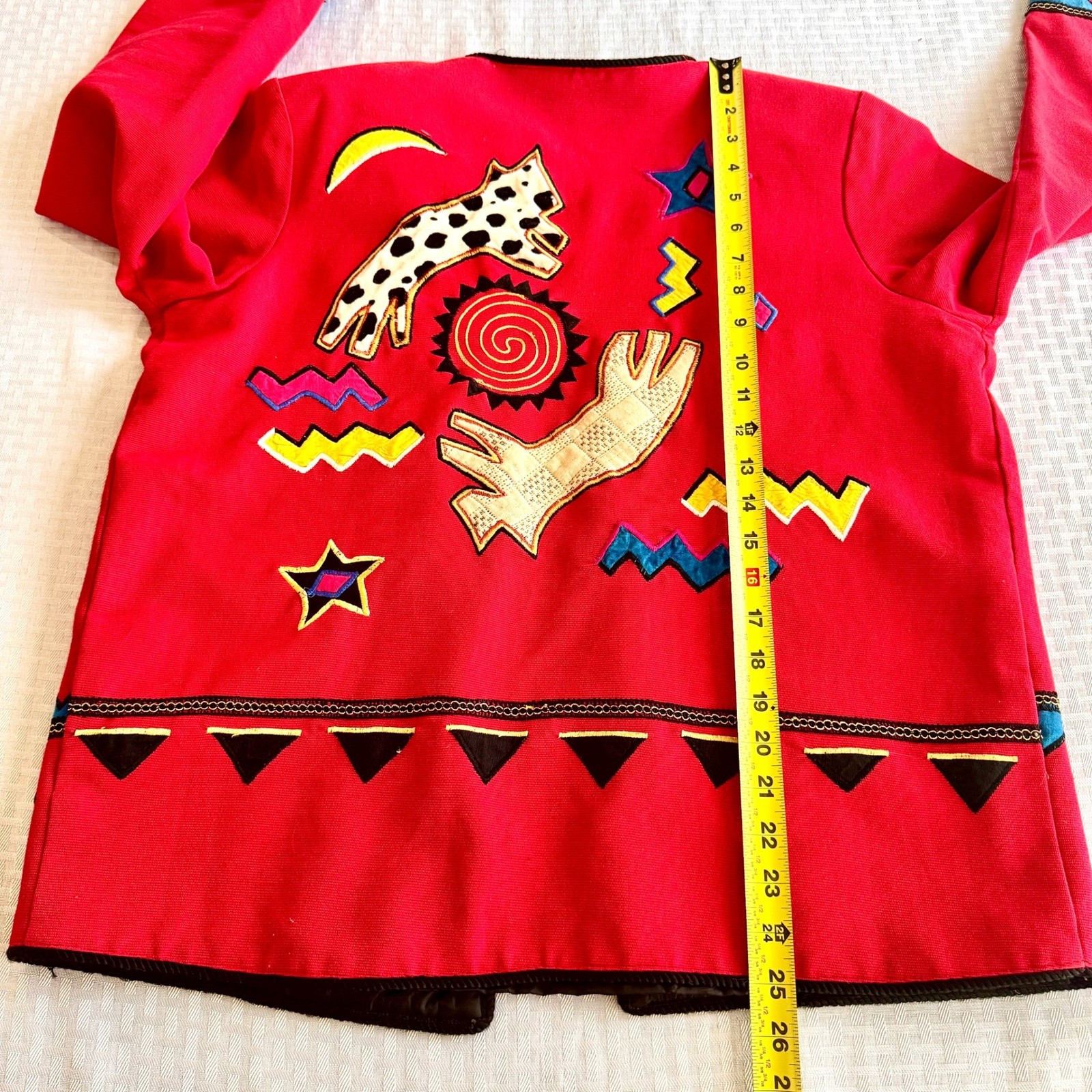 Indigo Moon Vintage Wearable Art Jacket Red Celestial Animal Embroidered Small
