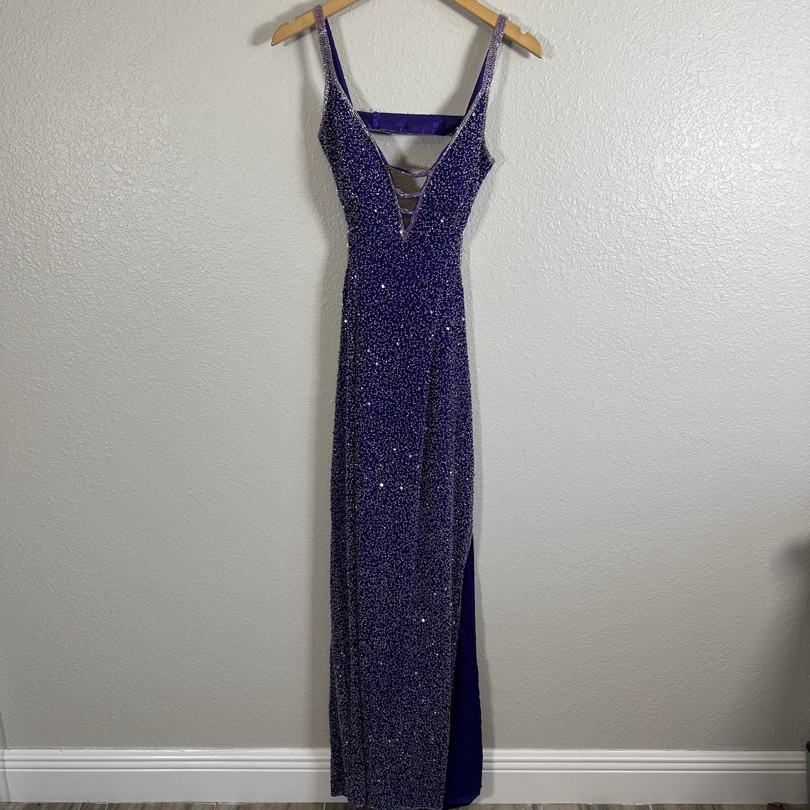 VTG Scala Maxi Dress 100% Silk Beaded Formal Cut Out Slit SZ Medium* Prom Purple