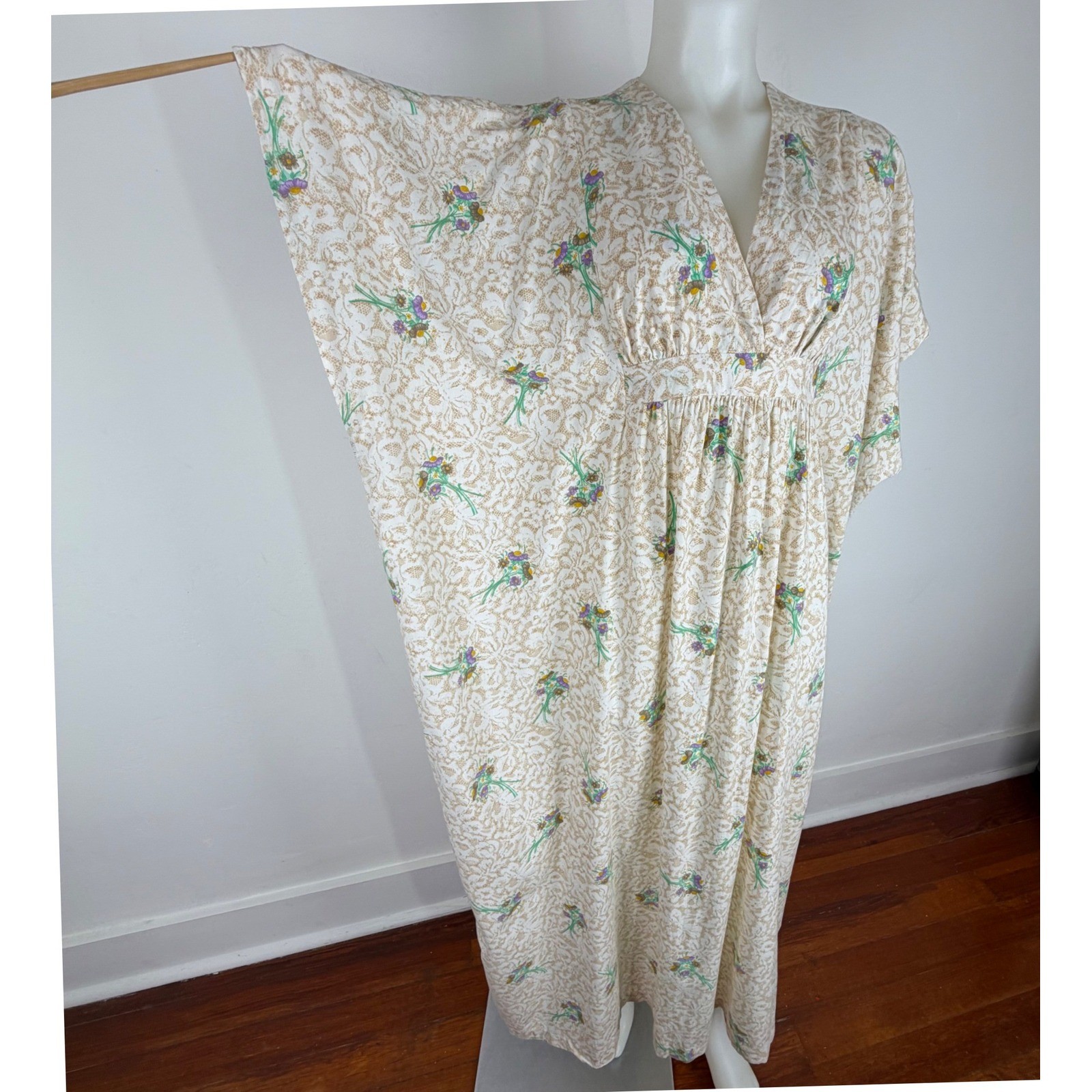 Vintage Mr B of California Kaftan Dress Floral Lace Print Cotton Rayon Maxi 70s