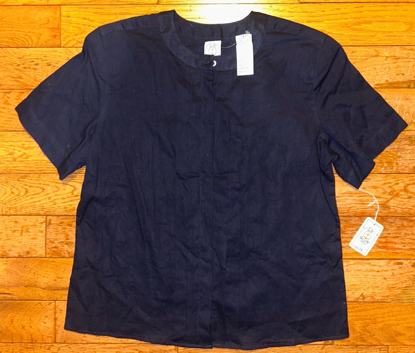 NWT Vintage J.G. Hook Linen Cotton Top 70s–80s Hong Kong Size 14 Navy