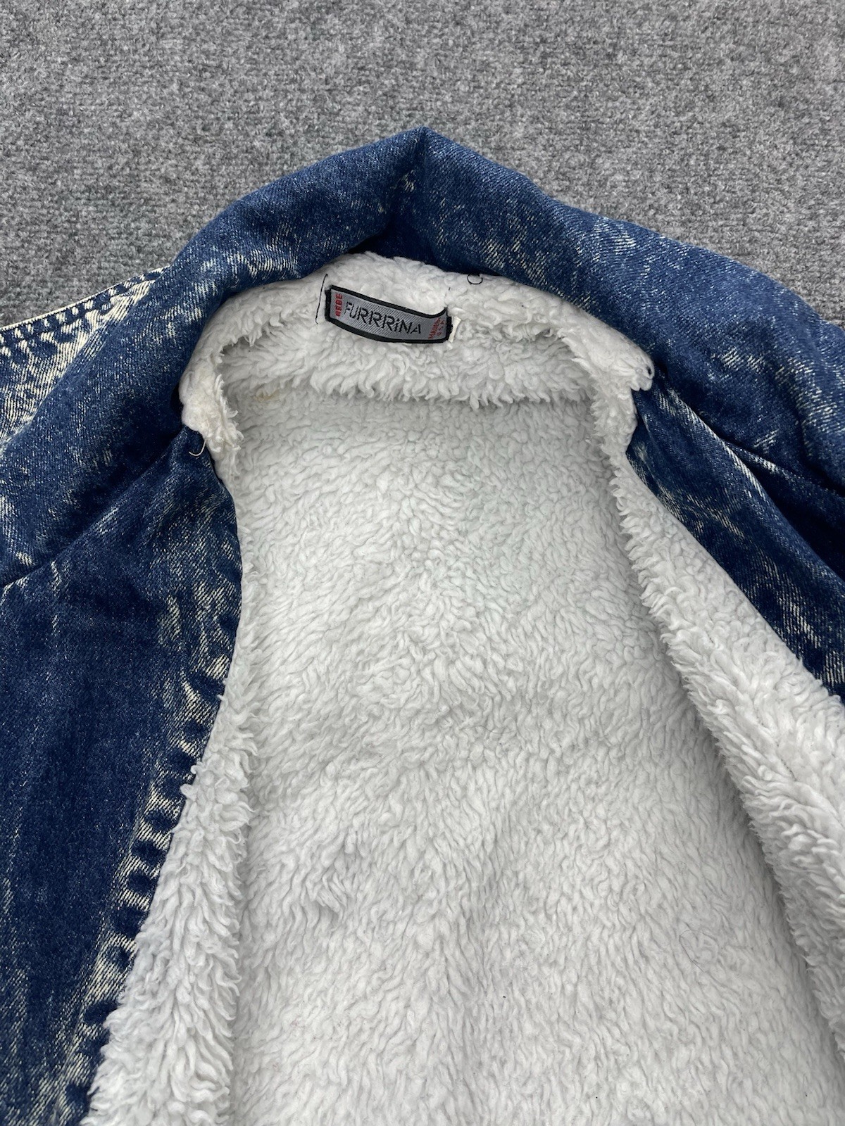 Vtg 80s Bebe Furrrina Denim Jacket Coat Sherpa Lined Unisex Size S USA Made