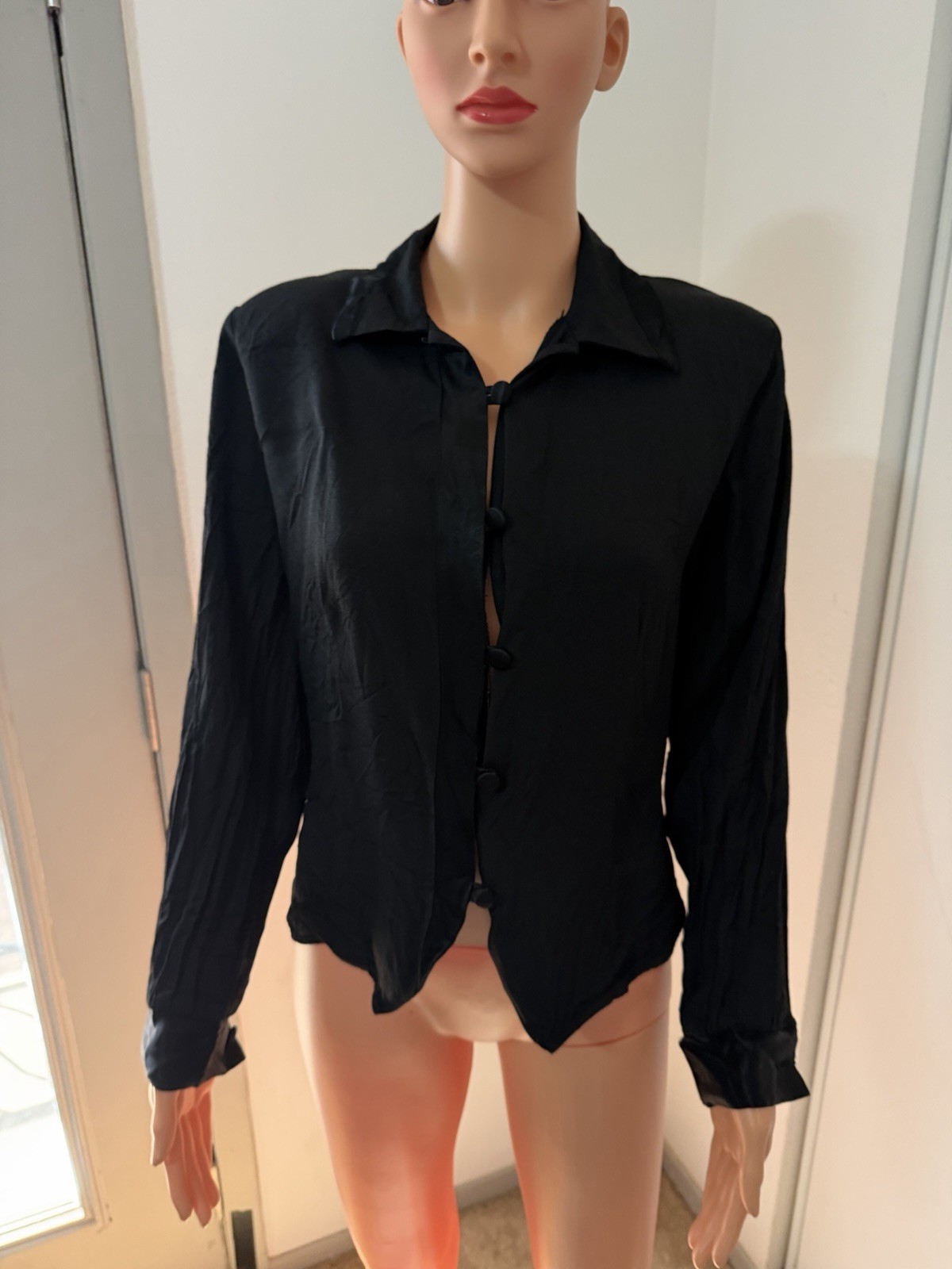 Vintage Expose Black Blouse Sheer Button Front Minimalist 90s Size M