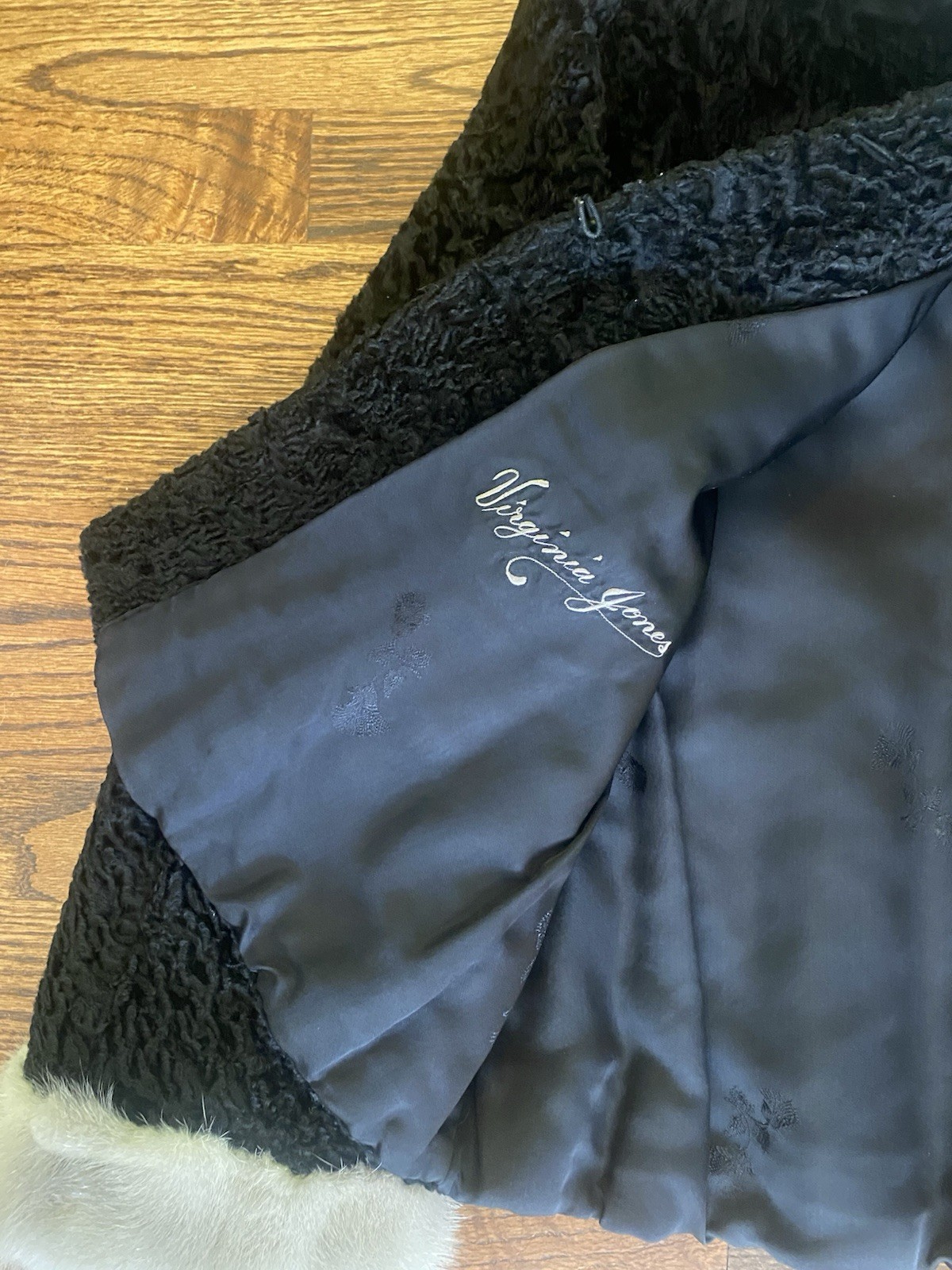 Black Curly Persian Lamb Wool Short Fur Coat Jacket w/Silver Mink Collar & Cuffs