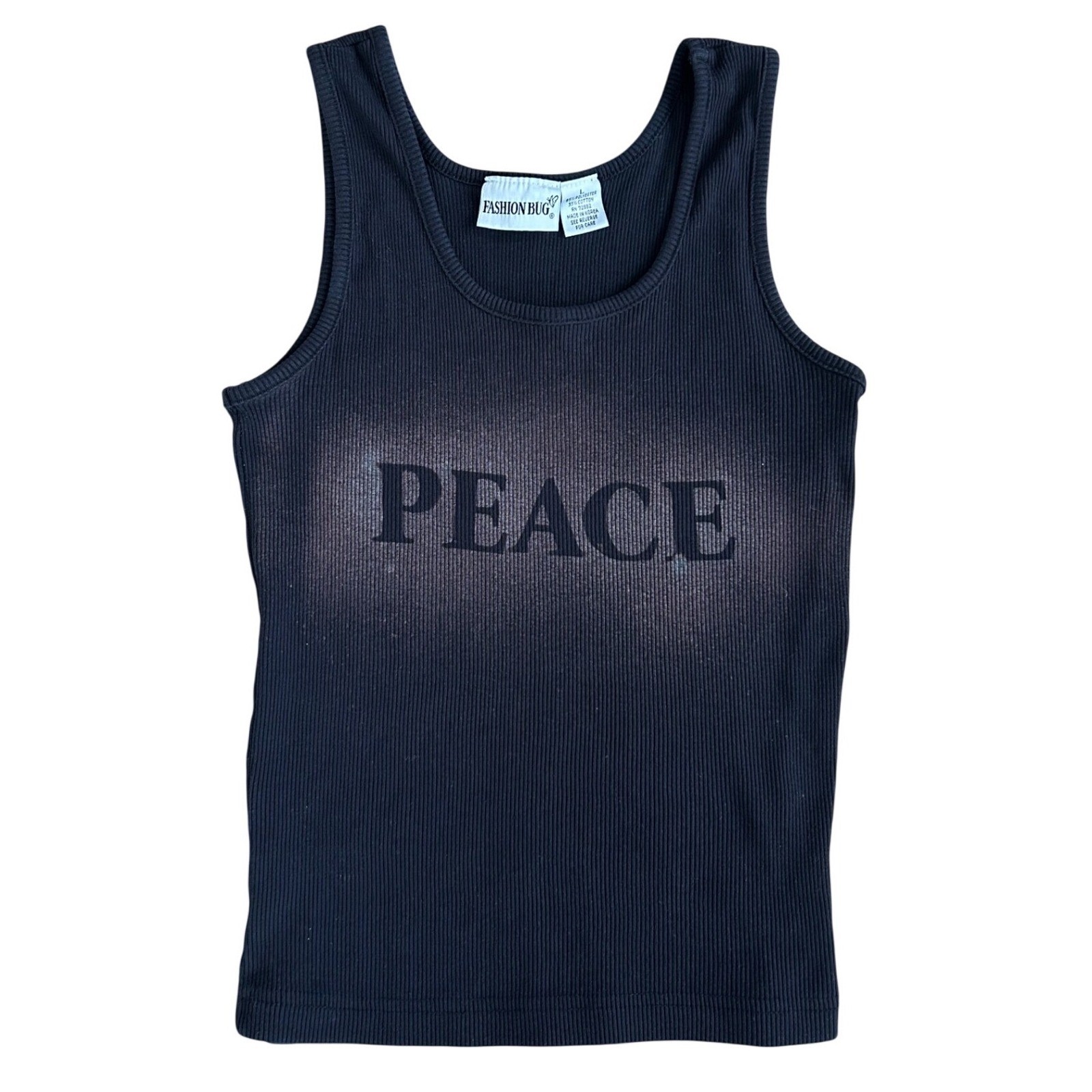 Vintage Fashion Bug Peace Graphic Ribbed Tank acid dyed Black Y2K Grunge Large