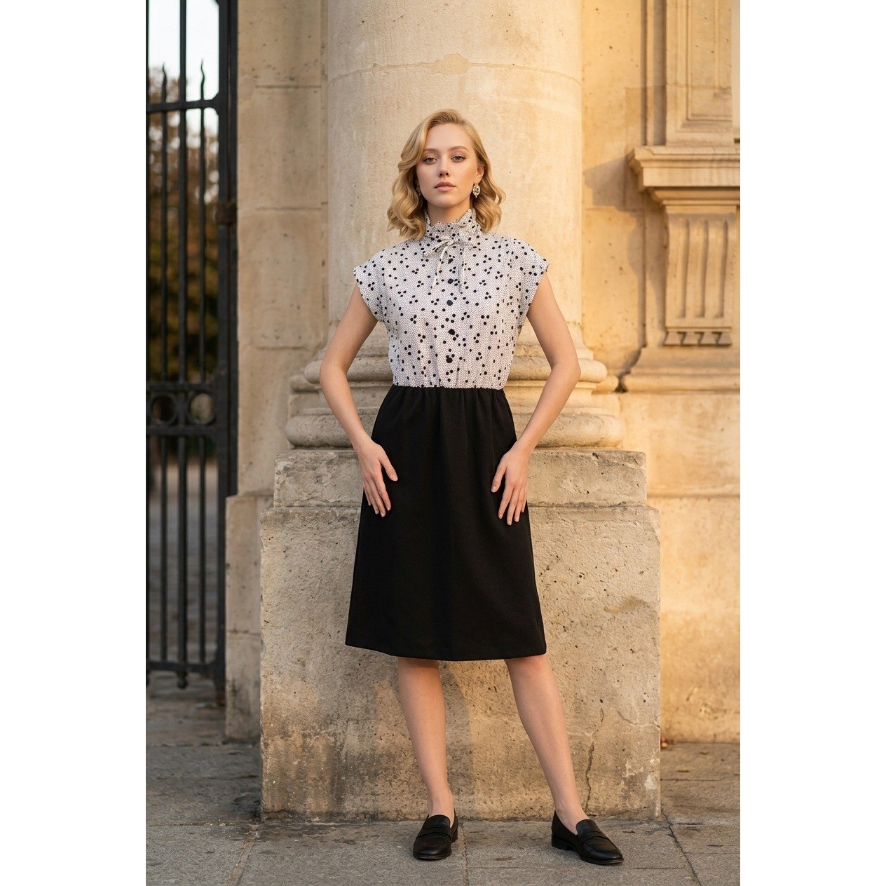 Vintage Lynn Davis Polka Dot Ruffle Neck Womans Midi Dress Black White Retro 80s