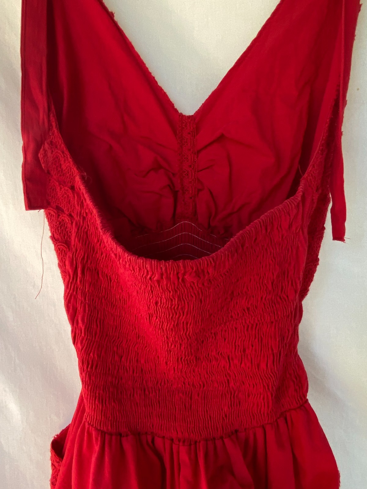 Vintage 1980s Red Boho Harem Jumpsuit Embroidered Floral Lace Halter Romper XL