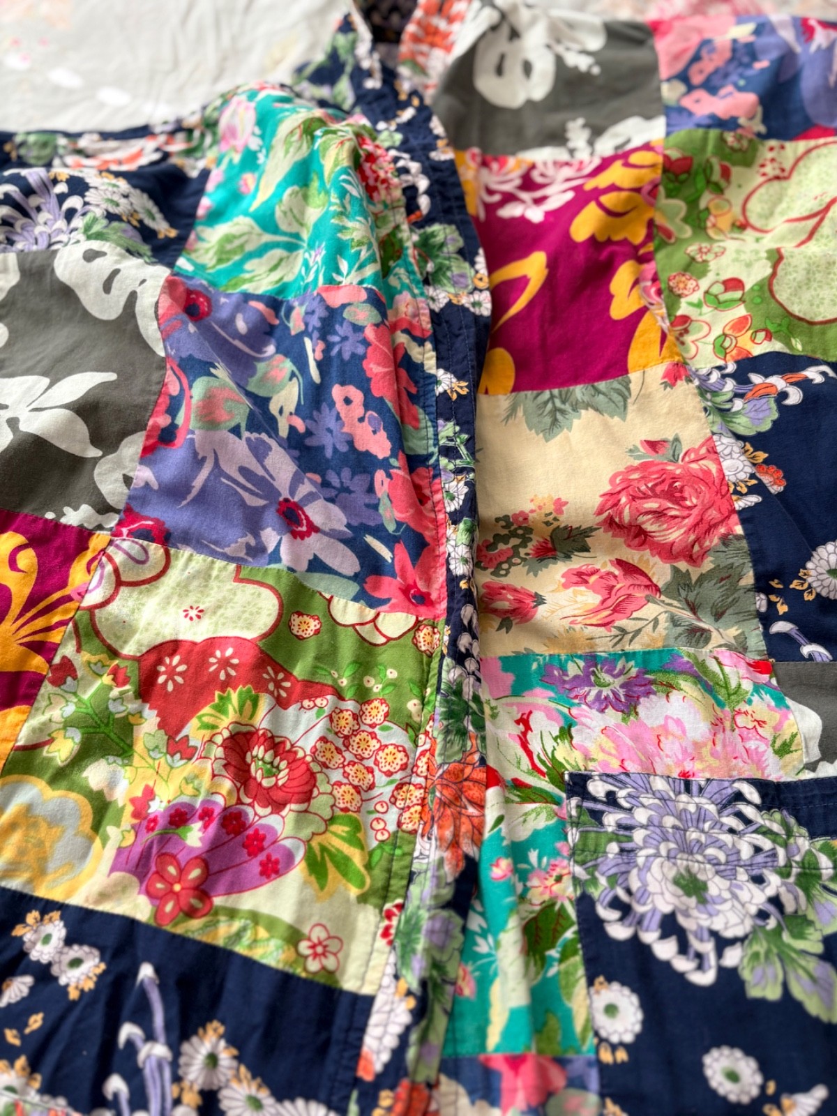 Vintage Style Patchwork Floral Kimono Robe Maxi Jacket Colorful Lined Large/XL